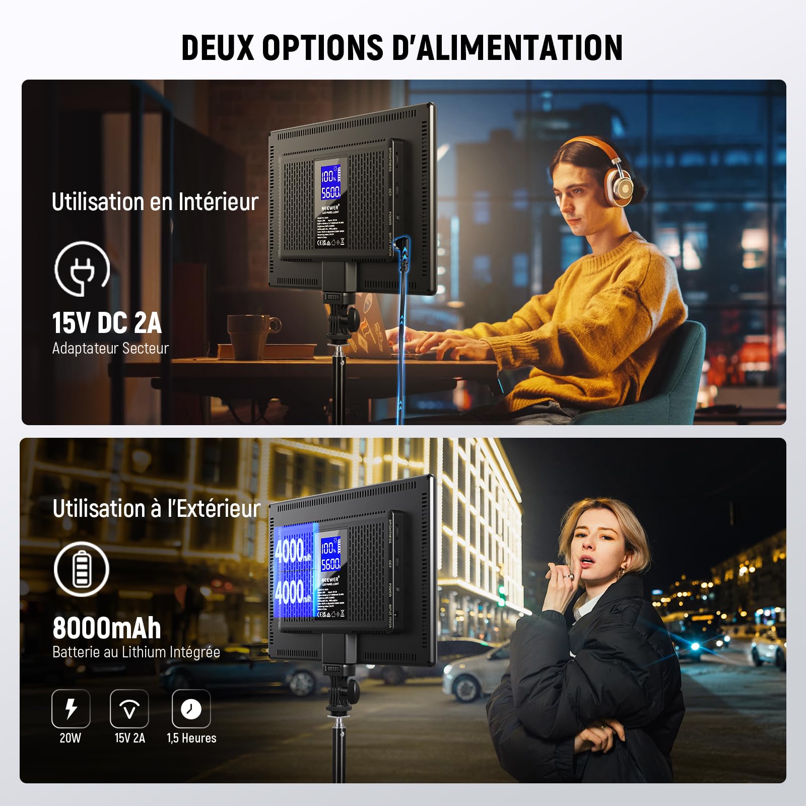 NEEWER Panneau Lumineux 192 LED, 20W Lumière Soft Ultra-Fine Bicolore Dimmable pour Caméra DSLR, Batterie Lithium Intégrée 8000mAh, 3200-5600K CRI97+ Éclairage pour Photo, Vidéo, Streaming en Direct
