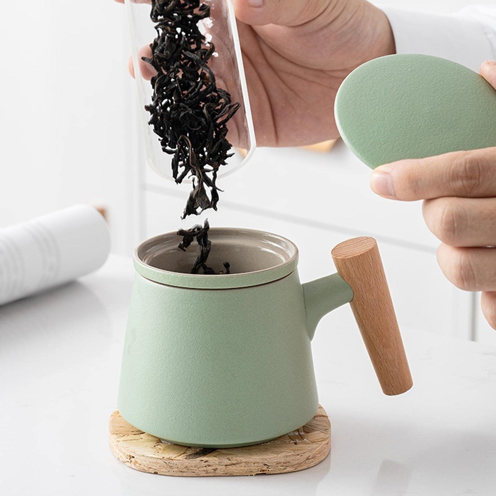 MRKU Tasses à café, Tasses à thé, Tasses à Lait, Tasses à thé en céramique avec Couvercle, Filtre, Tasses de Bureau, Tasses à thé et à Eau, Tasses à thé, Tasses à Cappuccino 10,1 oz