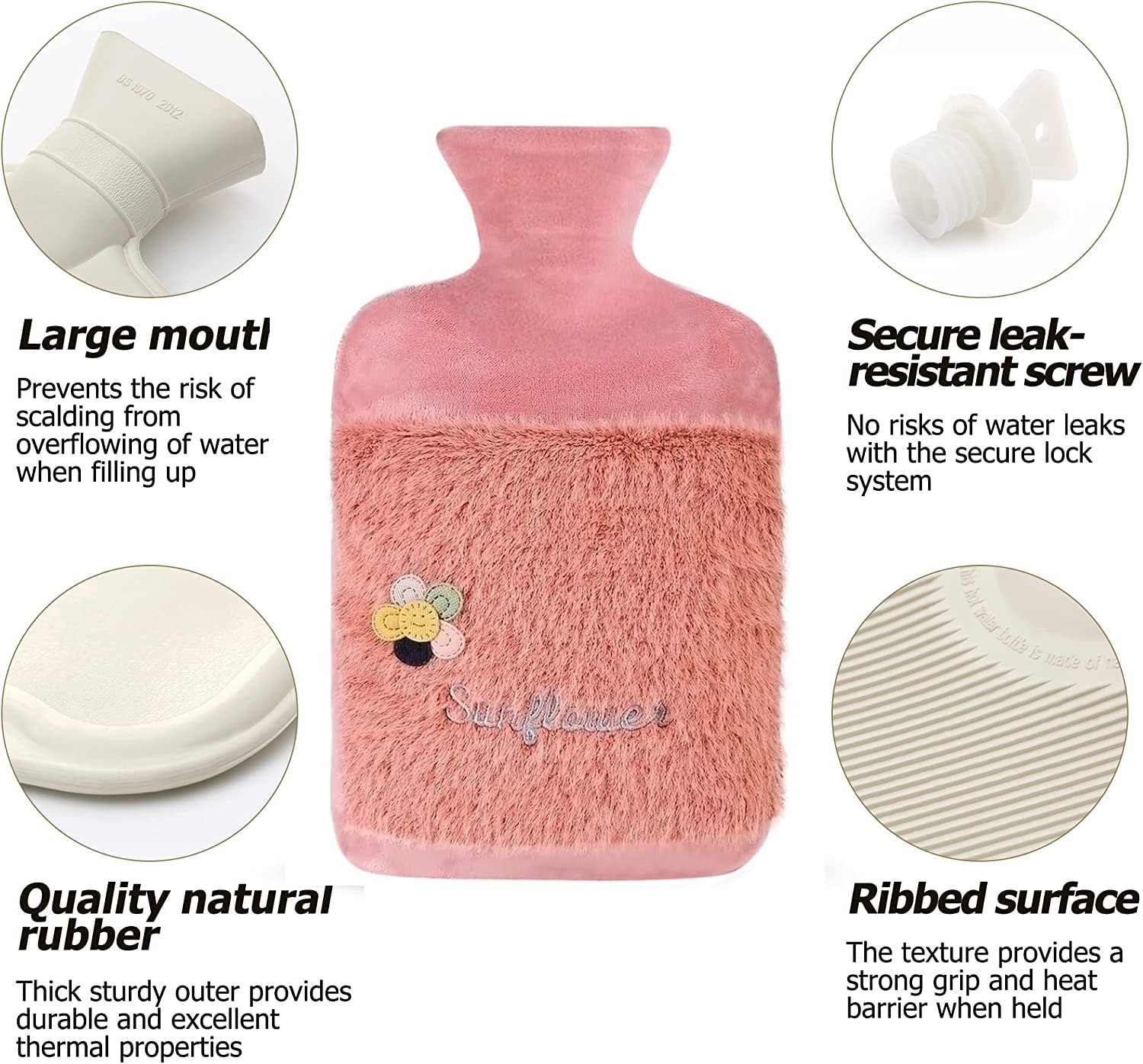Bouillotte Avec Housse Peluche Rose 400 Ml - Bouillotte Eau Chaude Douce Pour Soulager Douleurs, Cou, Épaules & Ventre