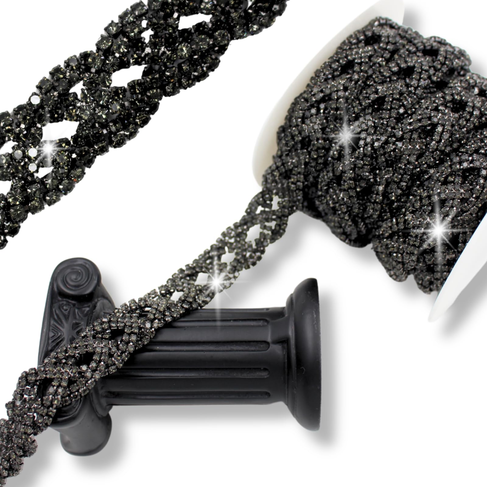 1 Yard Rhinestone Trim Chain, Black Crystal Beads String Diamante Ribbon Bling Strips Sewing Fringe Tassel Sewing for DIY Party Wedding Bouquet Dress Decoration Bridal Costume Embellishment