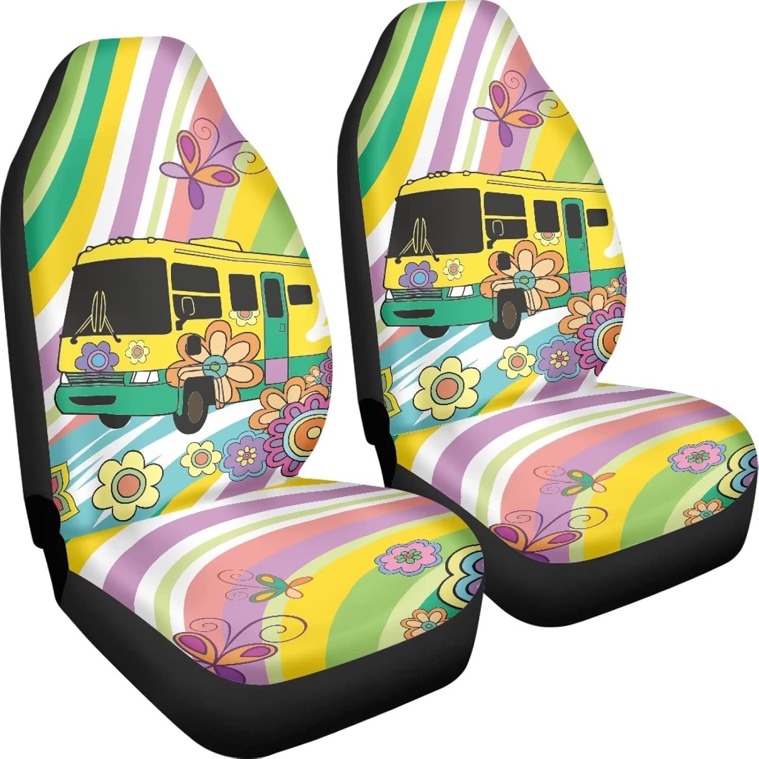 Cartoon School Bus Groovy Flower Butterfly Swirl Wavy 2 Pieces Car Seat Cover Retro Auto Bucket Seat Protectors Aesthetic Hippie Floral Moth Automotive Seat Protectors