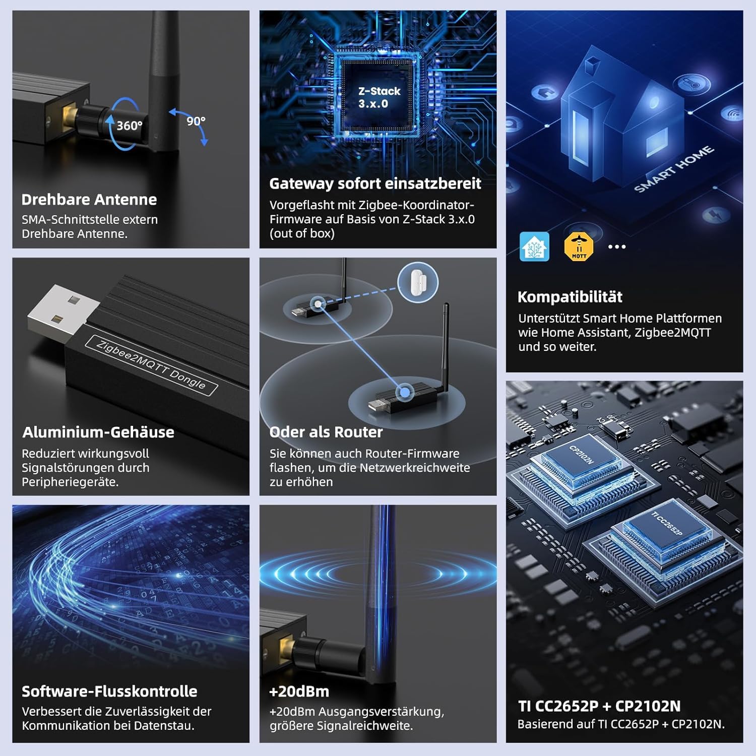 AVATTO Zigbee 3.0 USB-Dongle-Gateway für Home Assistant– kompatibel mit Zigbee2MQTT und ZHA, CC2652P-Chip, unterstützt Erweiterung und Flashen.
