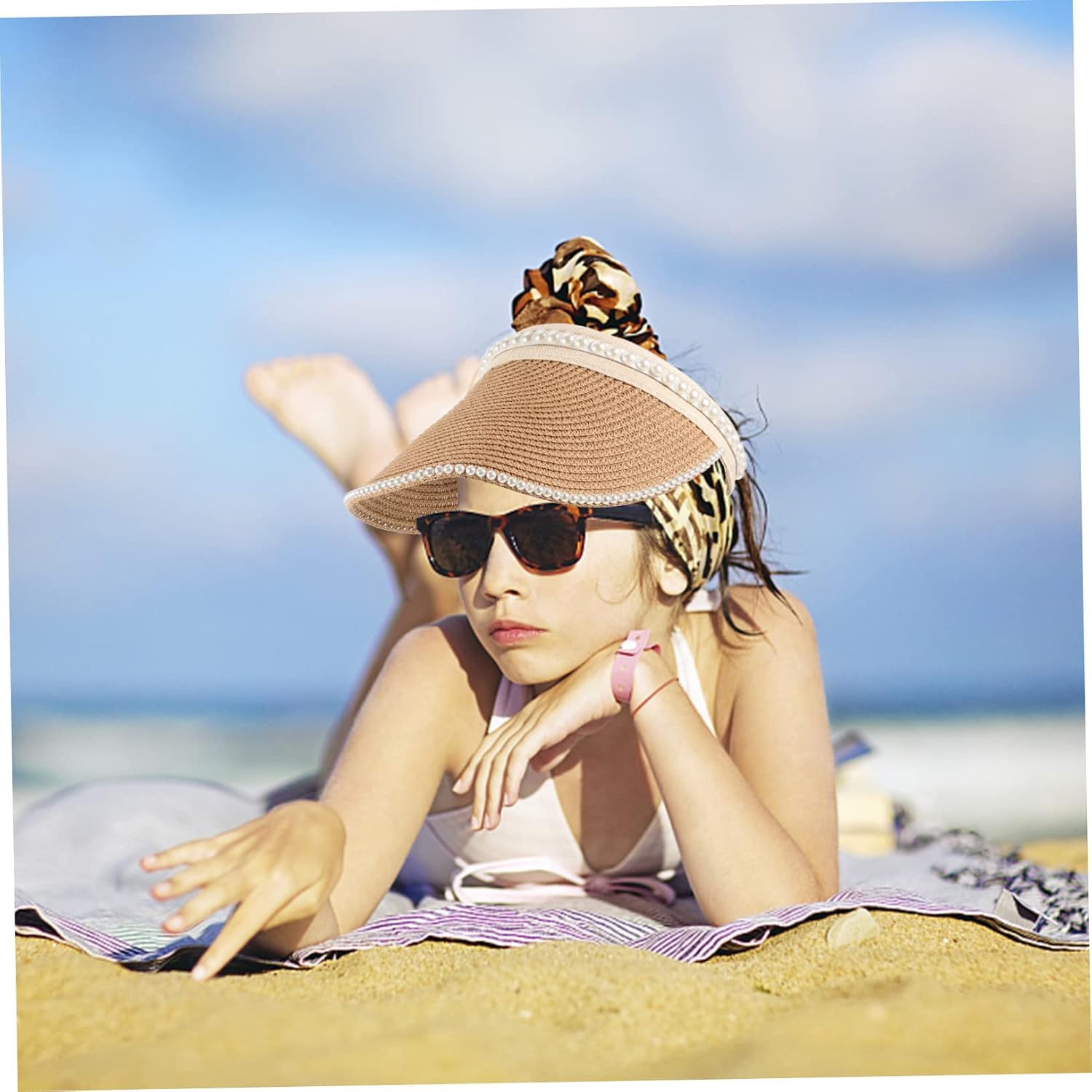 Ipetboom Soft Wide Brim Sun Hat Pearl Headband Beach Visor Hat for Women Straw Visor Sun Protection Travel