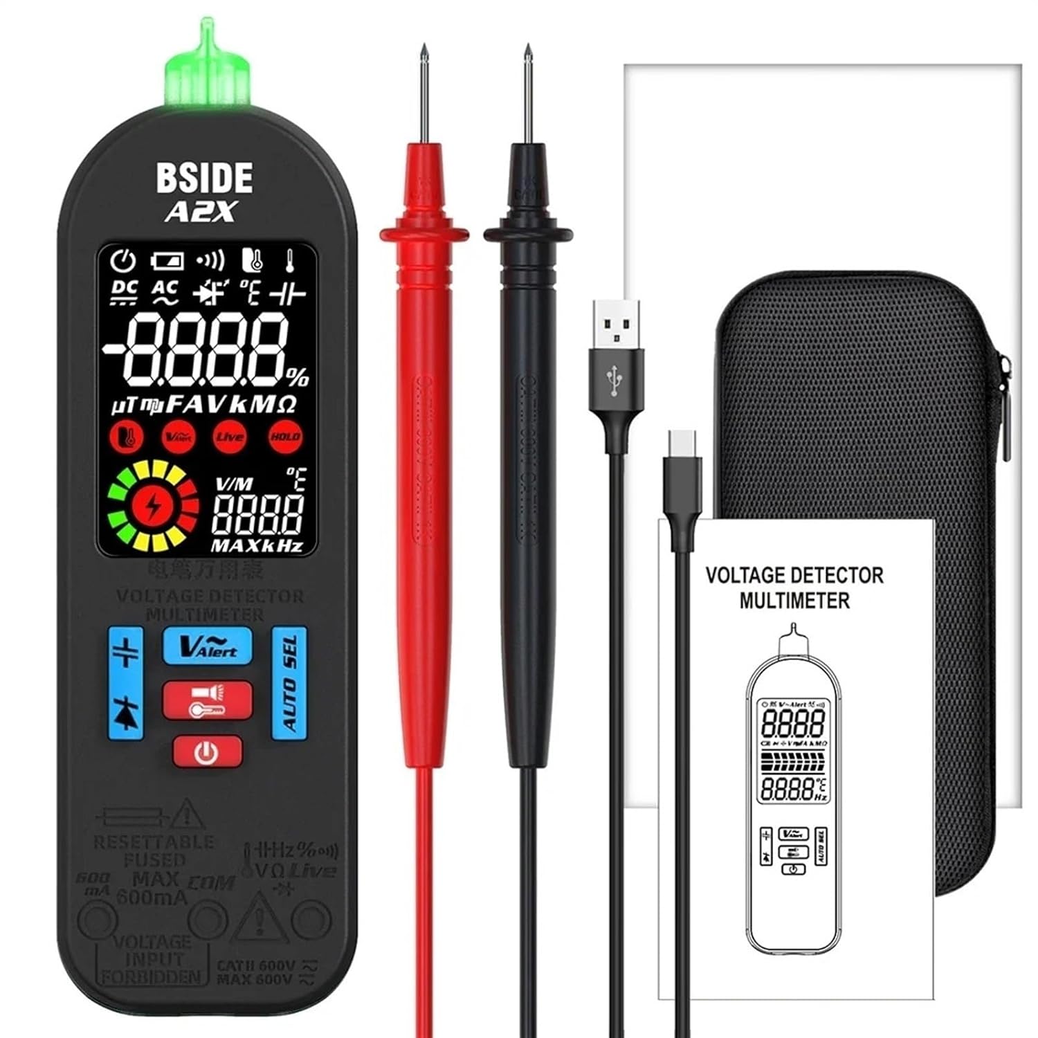 A2 A2X Mini Multimeter LCD Digital Tester Voltage Detector DC/AC Voltage Frequency Resistance NCV Continuity Live(A2X)