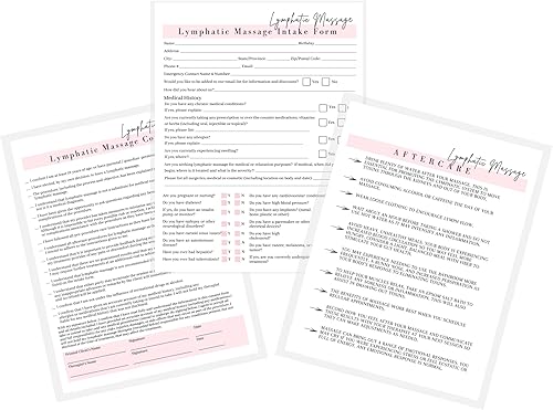 Formulario de ingesta de masaje linfático, consentimiento y cuidado posterior | Paquete de 75 | Formularios A1 de 8.5 x 11 pulgadas | Firma de