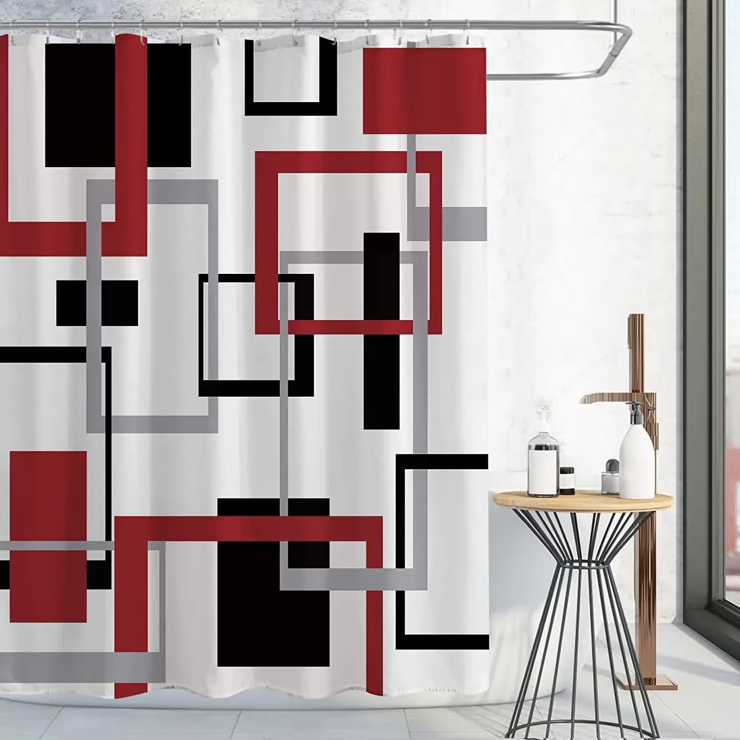 KELAIMI Mid-Century Modern Abstract Geometric Shower Curtain - Modern Simple Waterproof Bathroom Curtain - Quick-Drying Polyester Bathtub Curtain with Hooks Red 180X180Cm