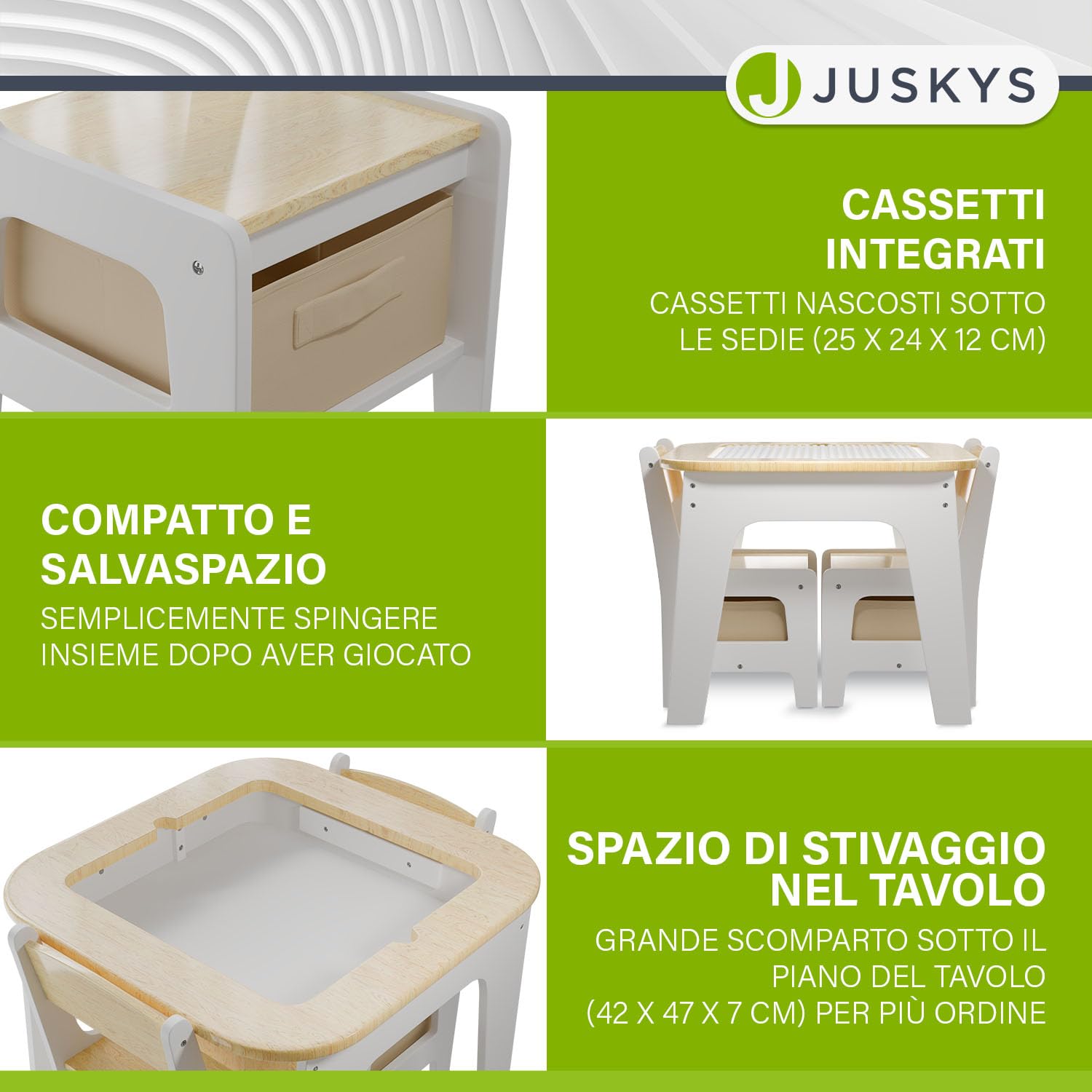 Juskys Set da tavolo per bambini Milou - 2 sedie & 1 tavolo in legno con spazio contenitore - set gioco e disegno per bambini - naturale