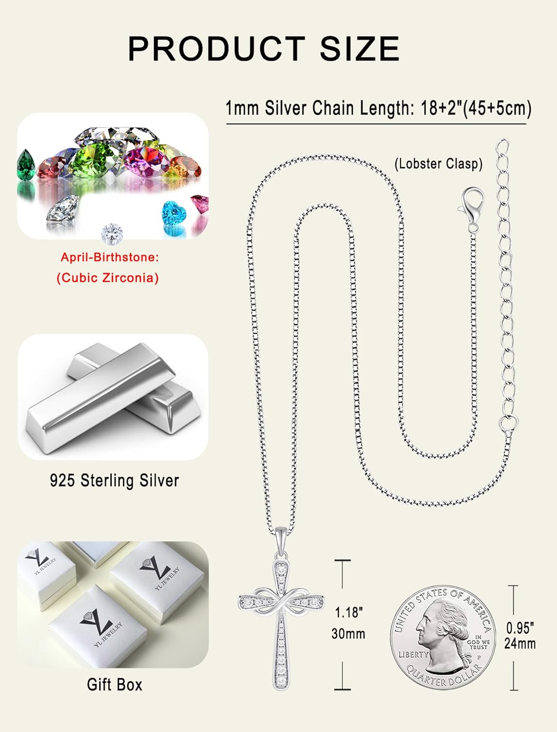 YL 925 Sterling Silver Cross Necklace for Women Halo Infinity Pendant Birthstone Jewelry for Mom