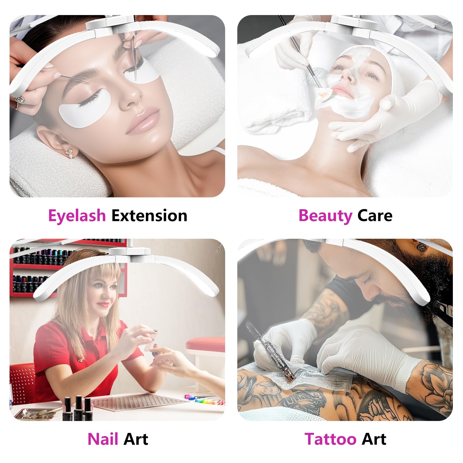 Lampe Extension de Cils Lampadaire LED, 2 in 1 Pliable Lampe Demi Lune avec Clips de Table pour Ongles, Dimmable Lampes Esthetique Professionnel pour Tatouage, Maquilleurs - Blanc