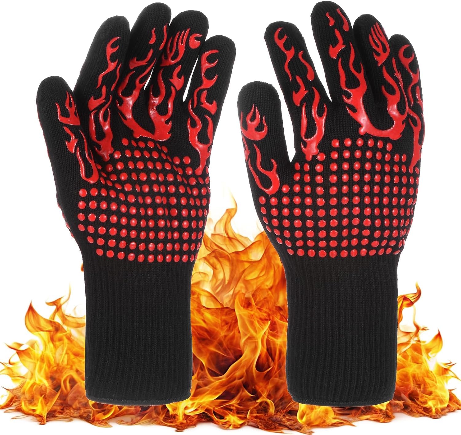 XAXEURLKJ Heat Resistant Bbq Grilling Gloves, 1472°f Silicone Fireproof Mitts For Outdoor Cooking, Barbecue, Baking, Grill Protection [black] Red