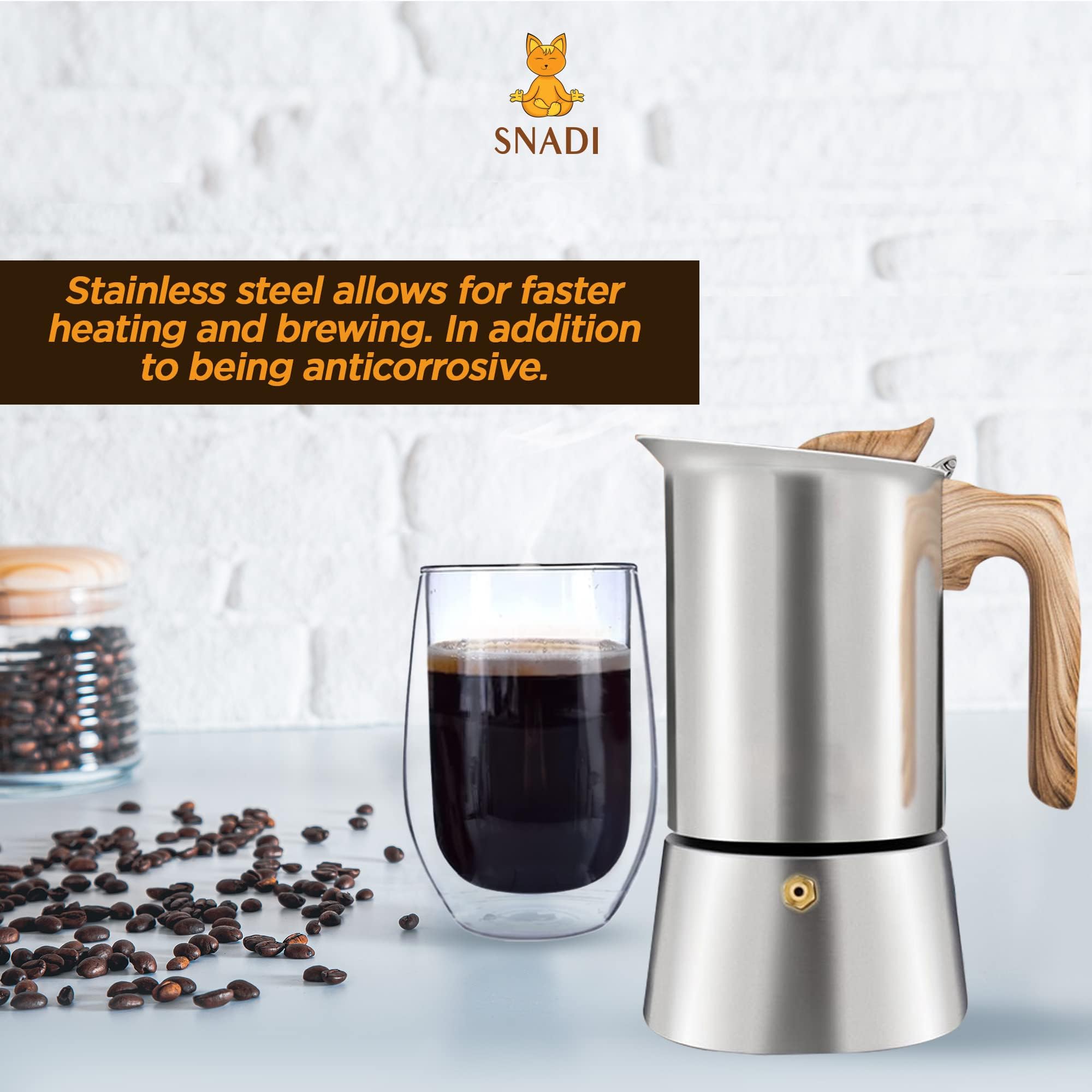 Caffettiera Moka Snadi - Design Moderno In Acciaio Inox Per Induzione, Gas E Vetroceramica - 4 Tazze - Foto 8