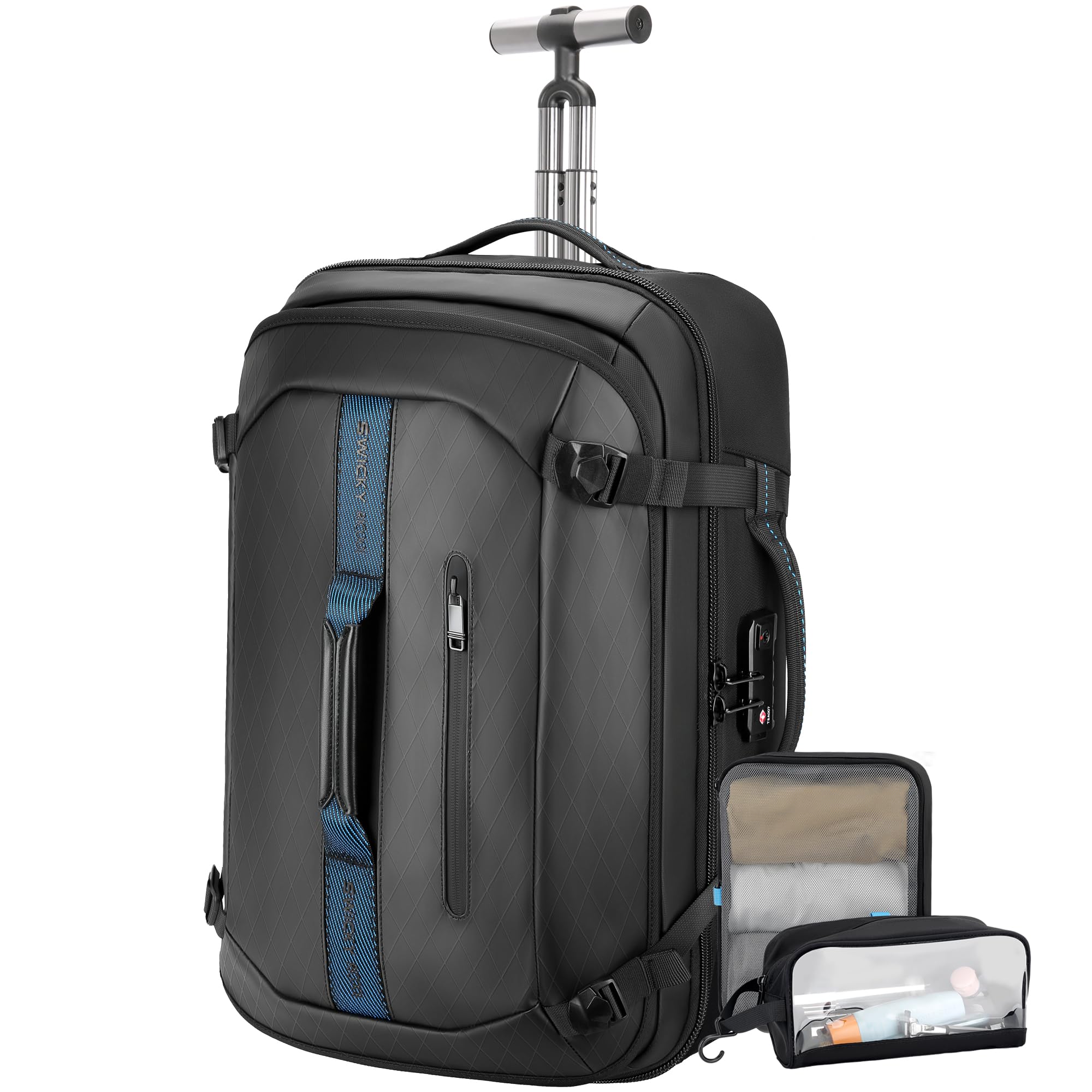 Trolley Rucksack mit Rollen – 45L Rollbarer Laptop-Rucksack inkl. 2 Packwürfeln, Wasserabweisendes Handgepäck für Flugzeug & Business, Koffer-Rucksack für Herren zum Reisen & Pendeln, Schwarz