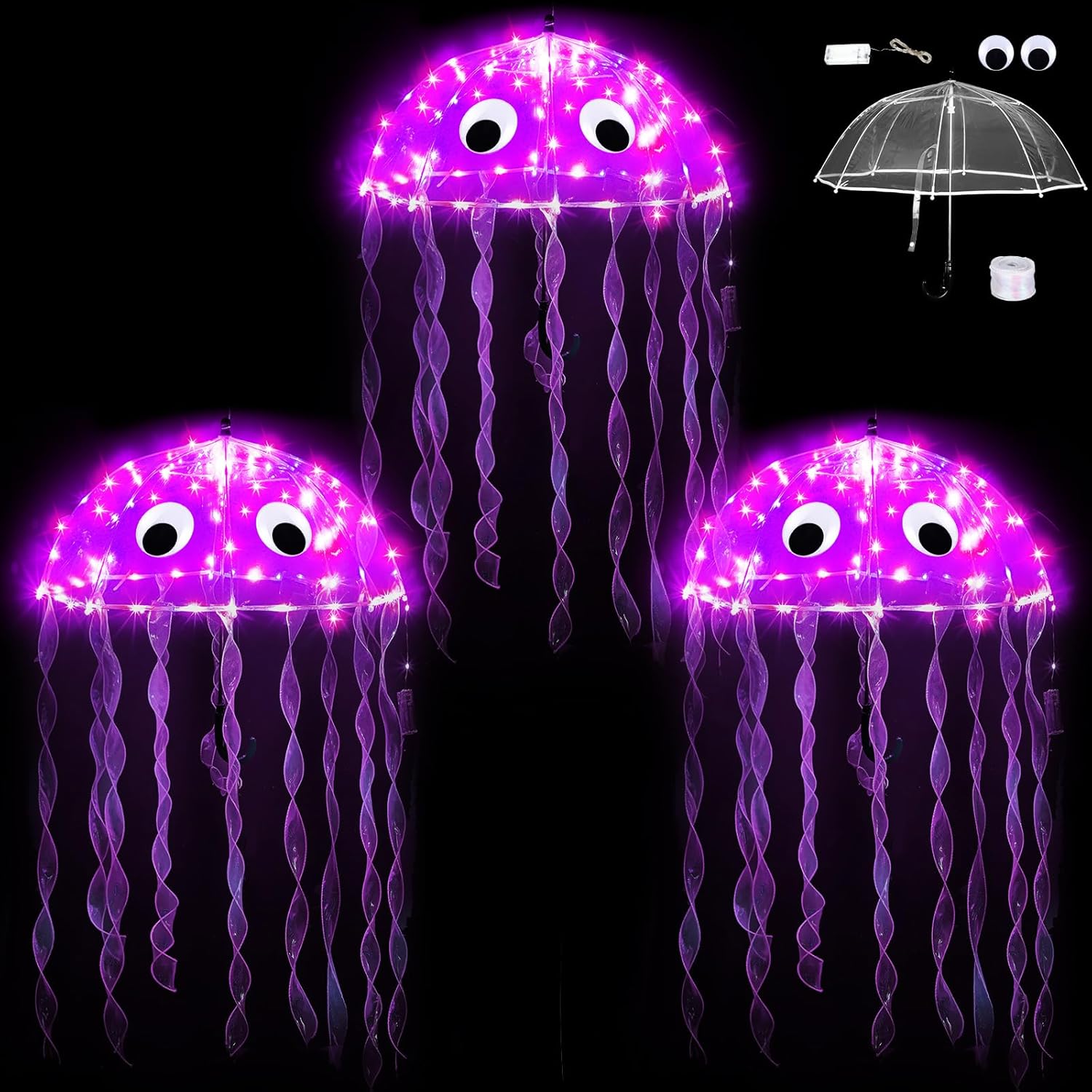 Halloween DIY Jellyfish Costume Set 3 Clear Bubble Umbrella 25 Yards Iridescent White Ribbon 3 LED String Lights and 3 Pair of Googly Eyes Halloween Costume Sea Creature Cosplay Pink