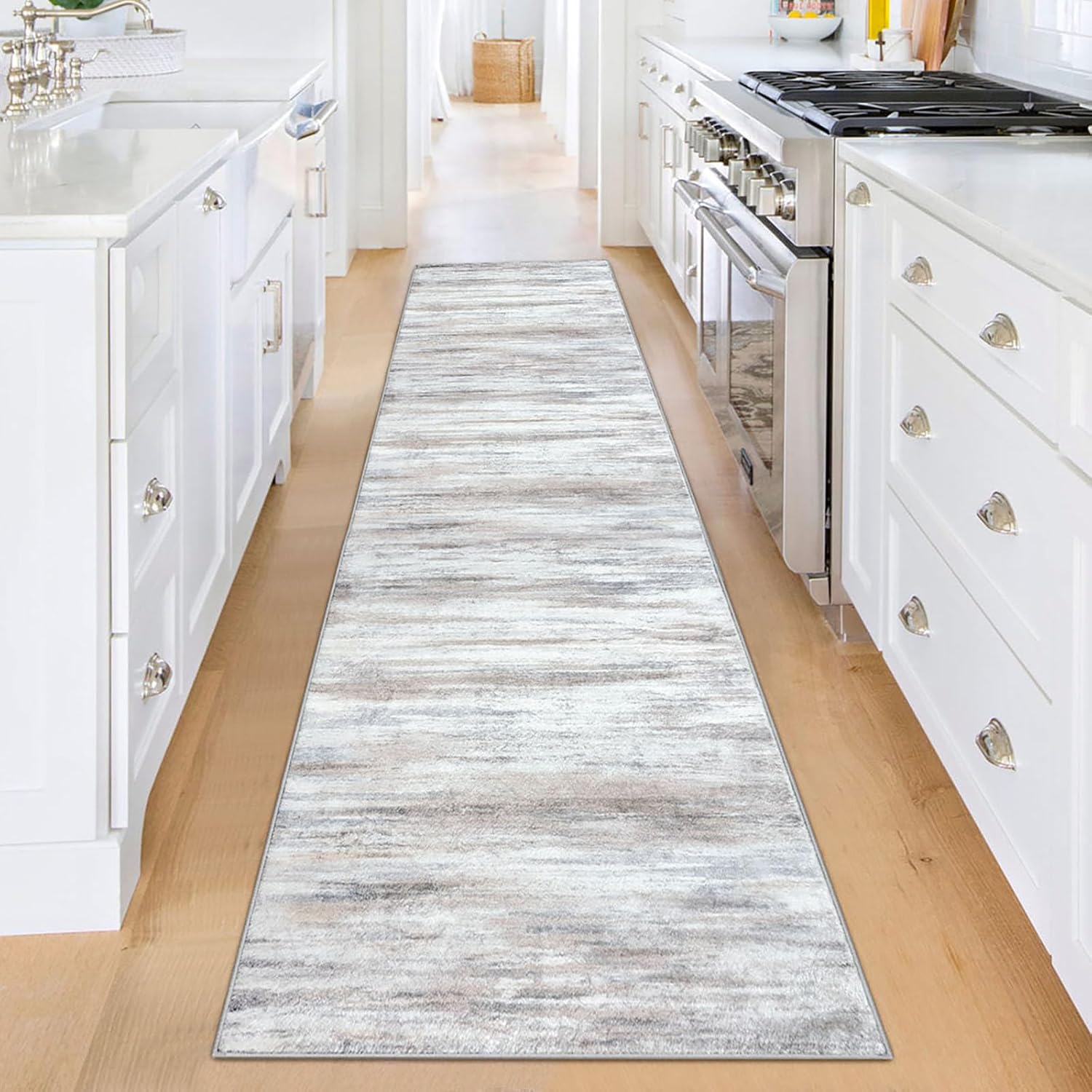 KOZYFLY Modern Abstract Hallway Runner Rug, 2x8 Kitchen Rugs Non-Slip Washable Soft Striped Kitchen Runner Rugs, Print Distressed Beige Carpet Runner for Entryway Bathroom Laundry Room Foyer 8' x 2' (Runner) Beige/Slate Pink