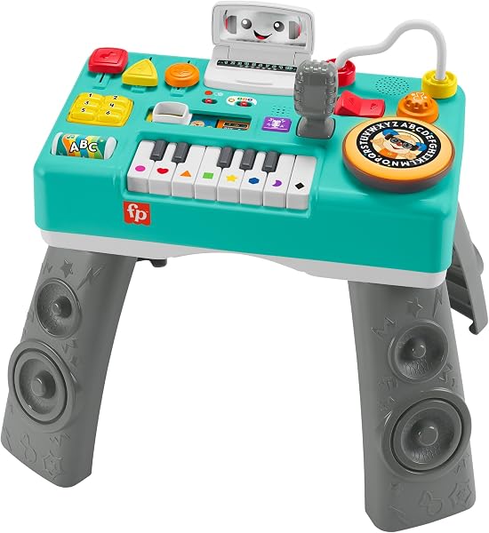 Fisher-Price Consolle per DJ Gioca e Impara, tavolino con tastiera musicale, luci, suoni e canzoncine, contenuti Smart Stages,6-36 mesi, Versione Inglese+Italiano+Portoghese+Spagnolo, HXG08 - 1