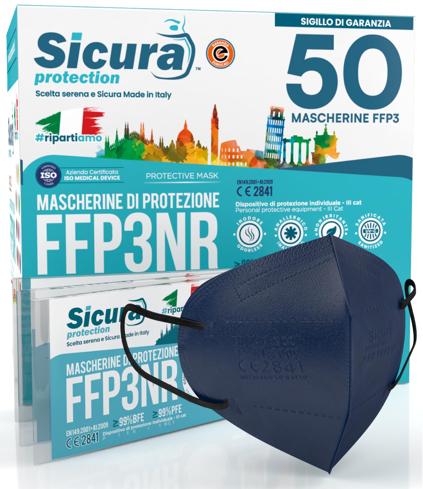 50 Mascherine FFP3 Certificate CE BLU elastici Neri Made in Italy logo SICURA impresso PFE ≥99% | BFE ≥99% Mascherina ffp3 SANIFICATA e sigillata singolarmente