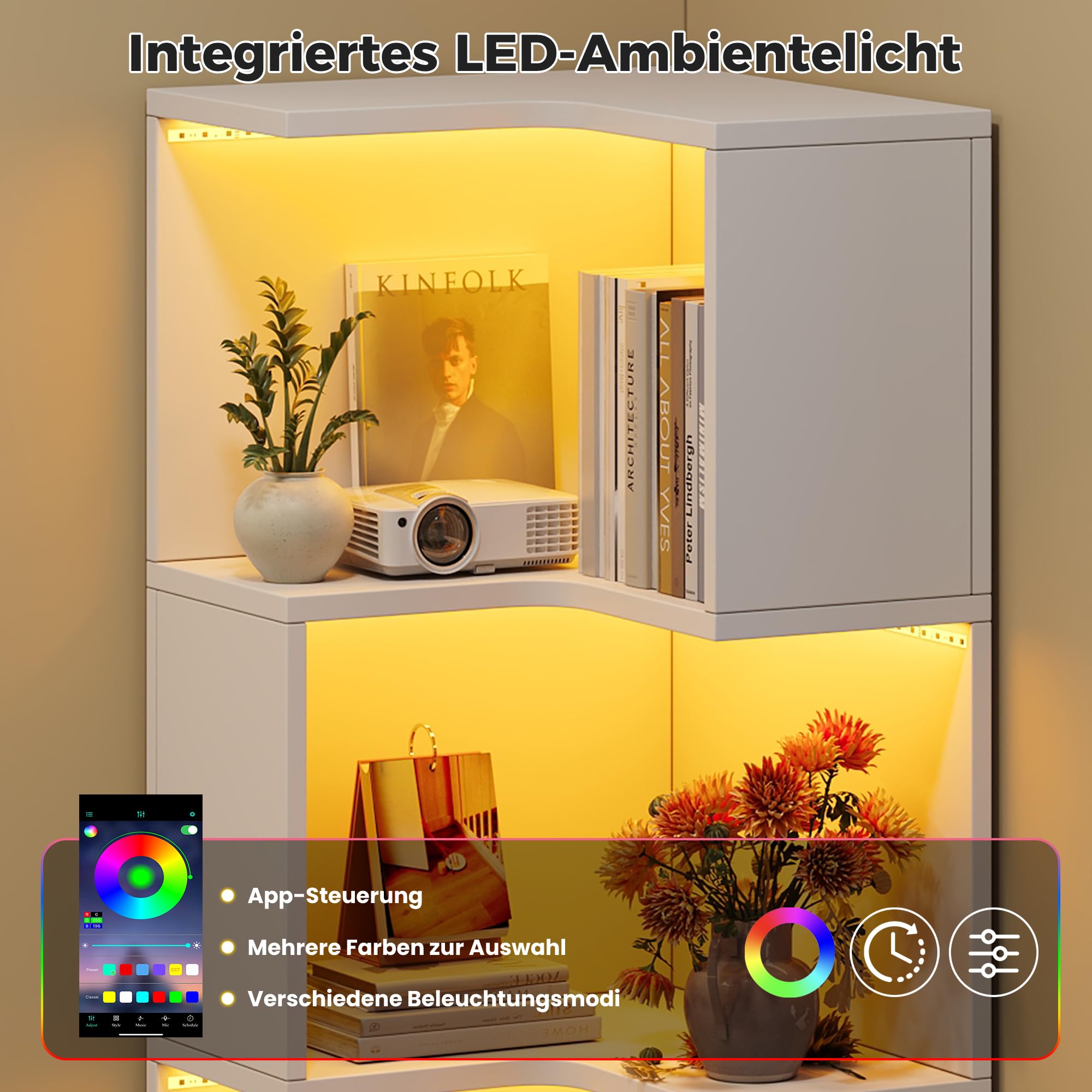 Scaffale angolare per soggiorno, 180 cm, moderna libreria angolare con illuminazione a LED, scomparti aperti e 2 cassetti, per soggiorno, camera da letto e corridoio (bianco)