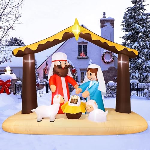 Miniatura 5 de Decoraciones inflables de Navidad de 8 pies de largo, belén inflable iluminado, decoración al aire libre con Jesús y cordero, decoraciones