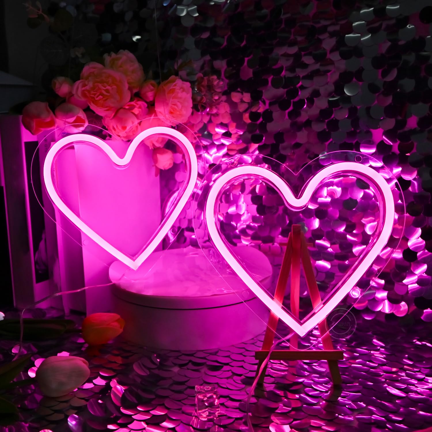 Britrio Pink Heart Neon Sign Home Decor, 2 Pcs Neon Heart Light LED Wall Decoration Night Light for Girl Dorm Bedroom Wedding Birthday Party Decor Mothers Day Gift Battery Operated or USB Powered