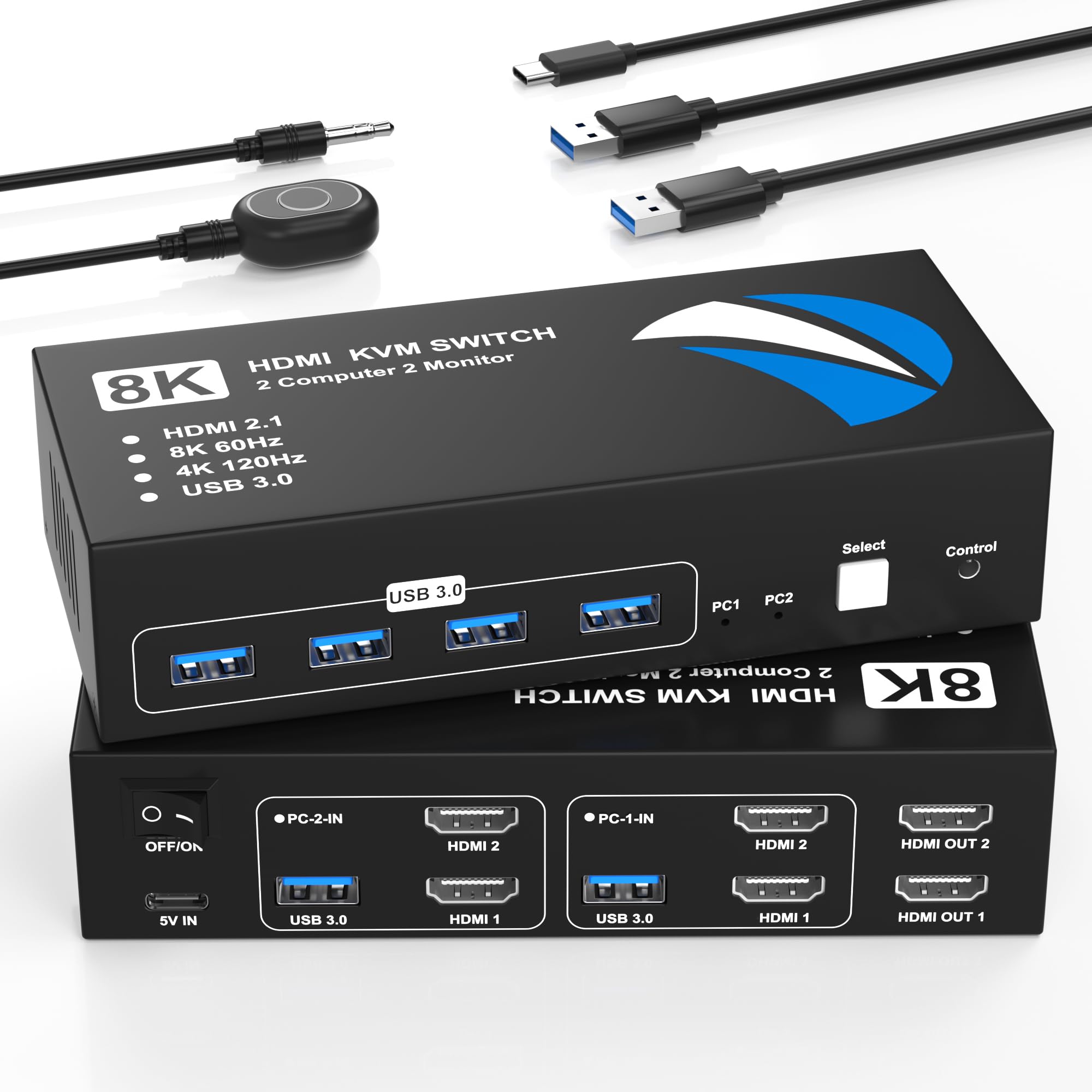 KVM Switch, HDMI, 2 Inputs, 2 Outputs, 8K@60Hz, KVM Switcher, Switches 2 Computers, 2 Monitors, 5Gbps, 4 USB 3.0 Ports, Supports Keyboards, Mouse, Printers, Other Devices, PC Switcher, USB Switcher