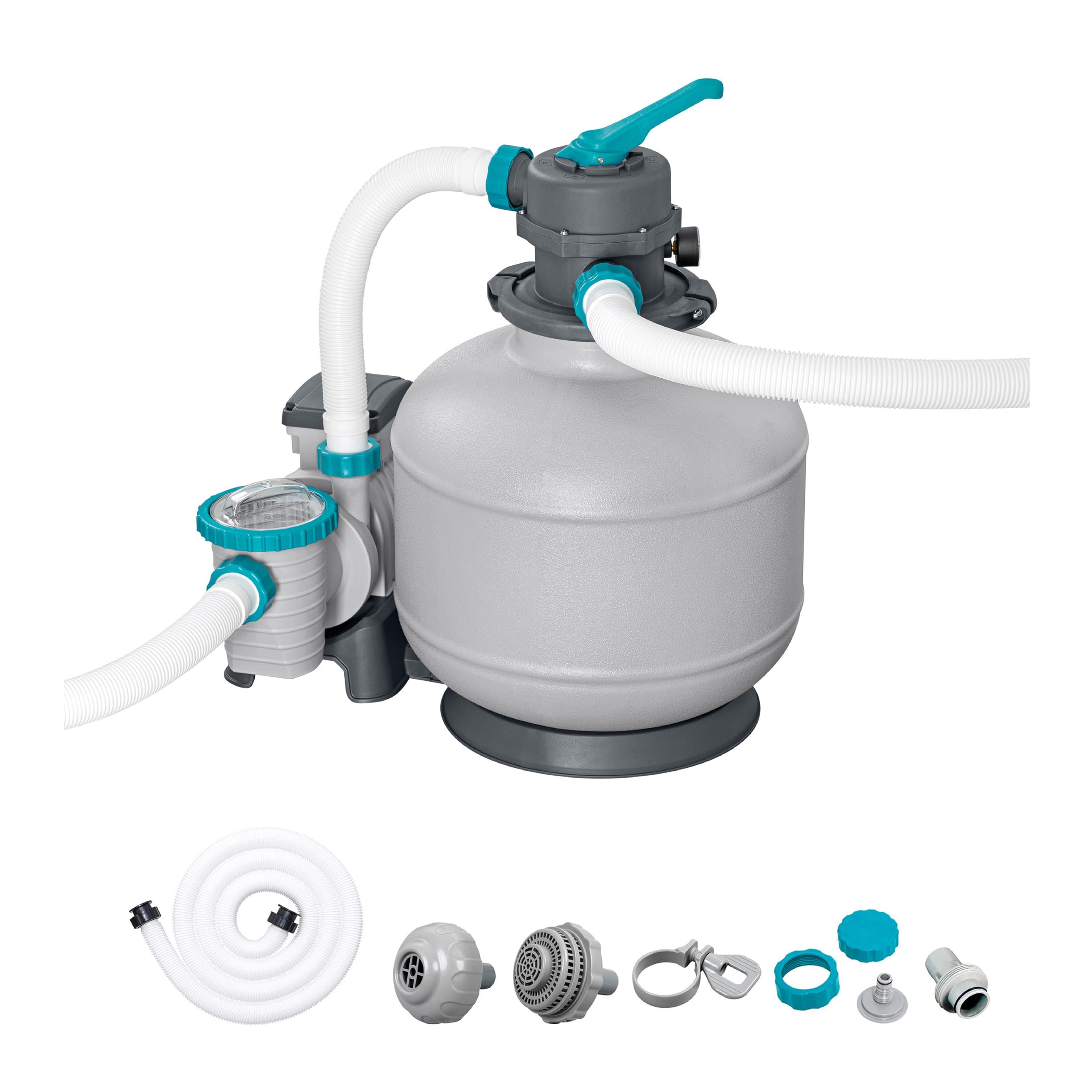 Bestway Sandfilteranlage, Zeitschaltuhr, 8.327 l/h, für Pools, 1.100-51.400 Liter, GS-Zertifiziert, korrosionsbeständiger Filtertank, 6-Wege-Ventil, Manometer, Ø 38-mm-Anschluss, Schläuche, Adapter | 1.100-51.400 Liter, GS-Zertifiziert, korrosionsbeständi