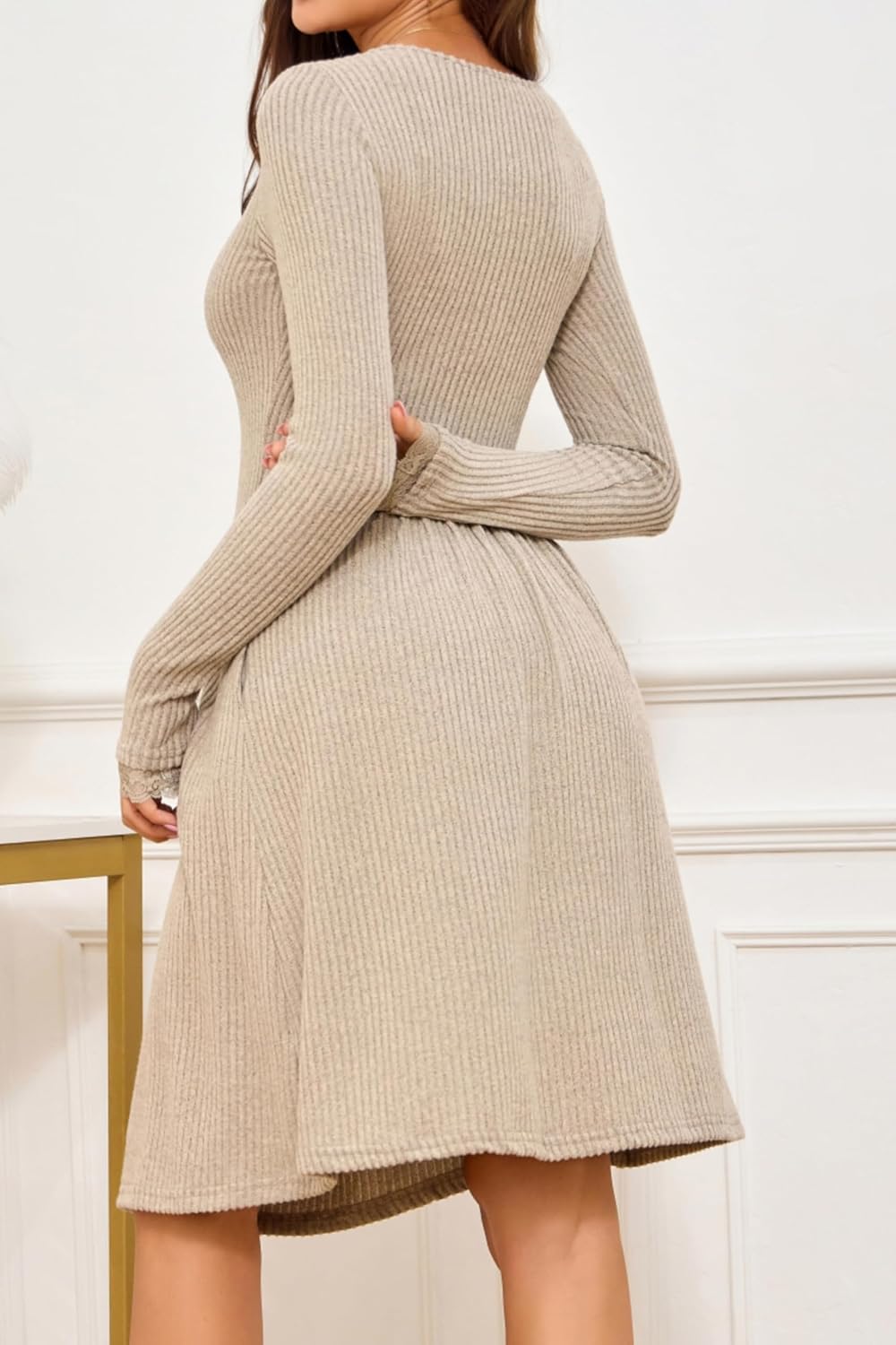 Women Long Seeve Empire Waist Sweater Lace Dresses with Pockets - Image 6