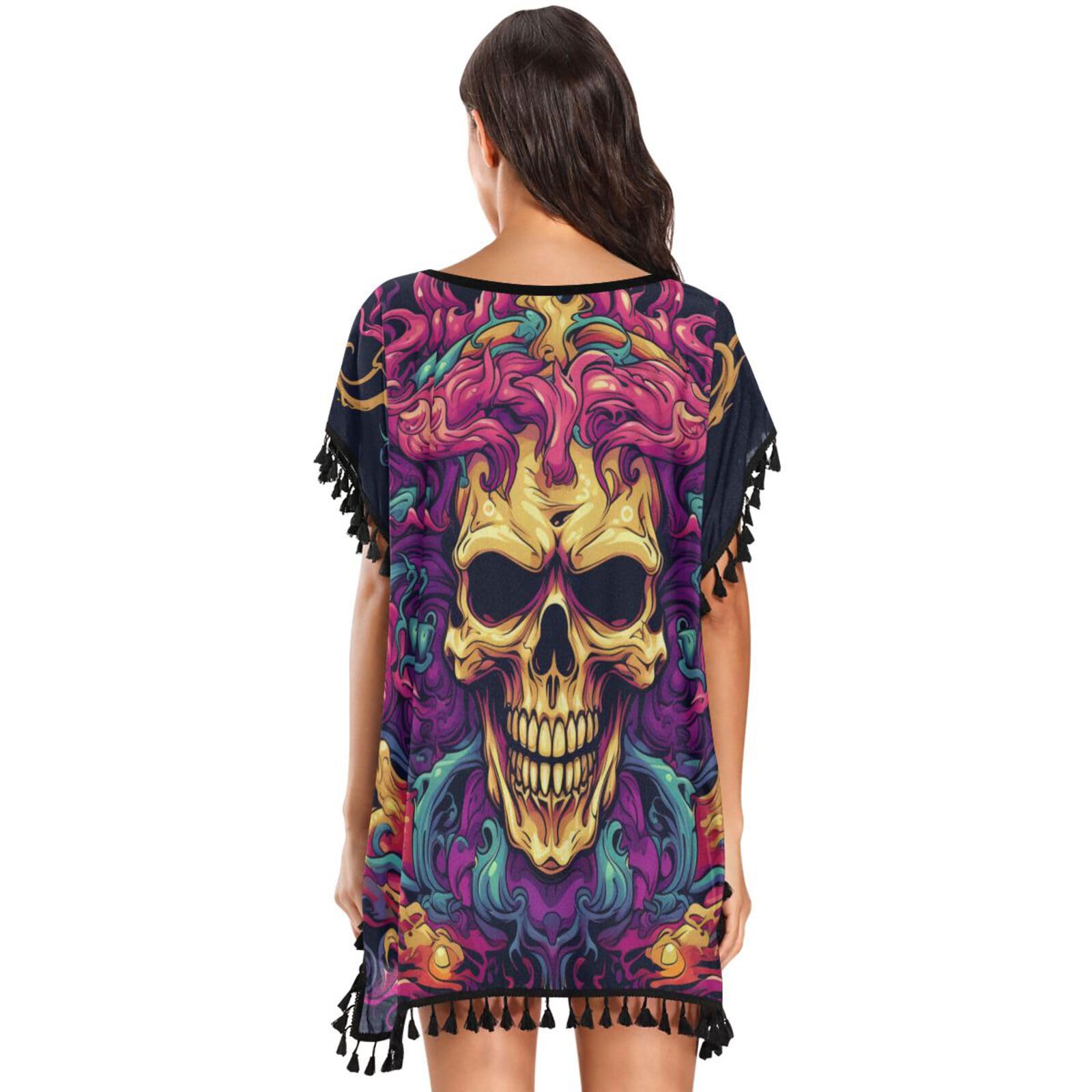 Fire Cool Skull Abstract Art Women's Beach Cover Up Chiffon Tassel Swimwear Swimsuit Coverups for Girl