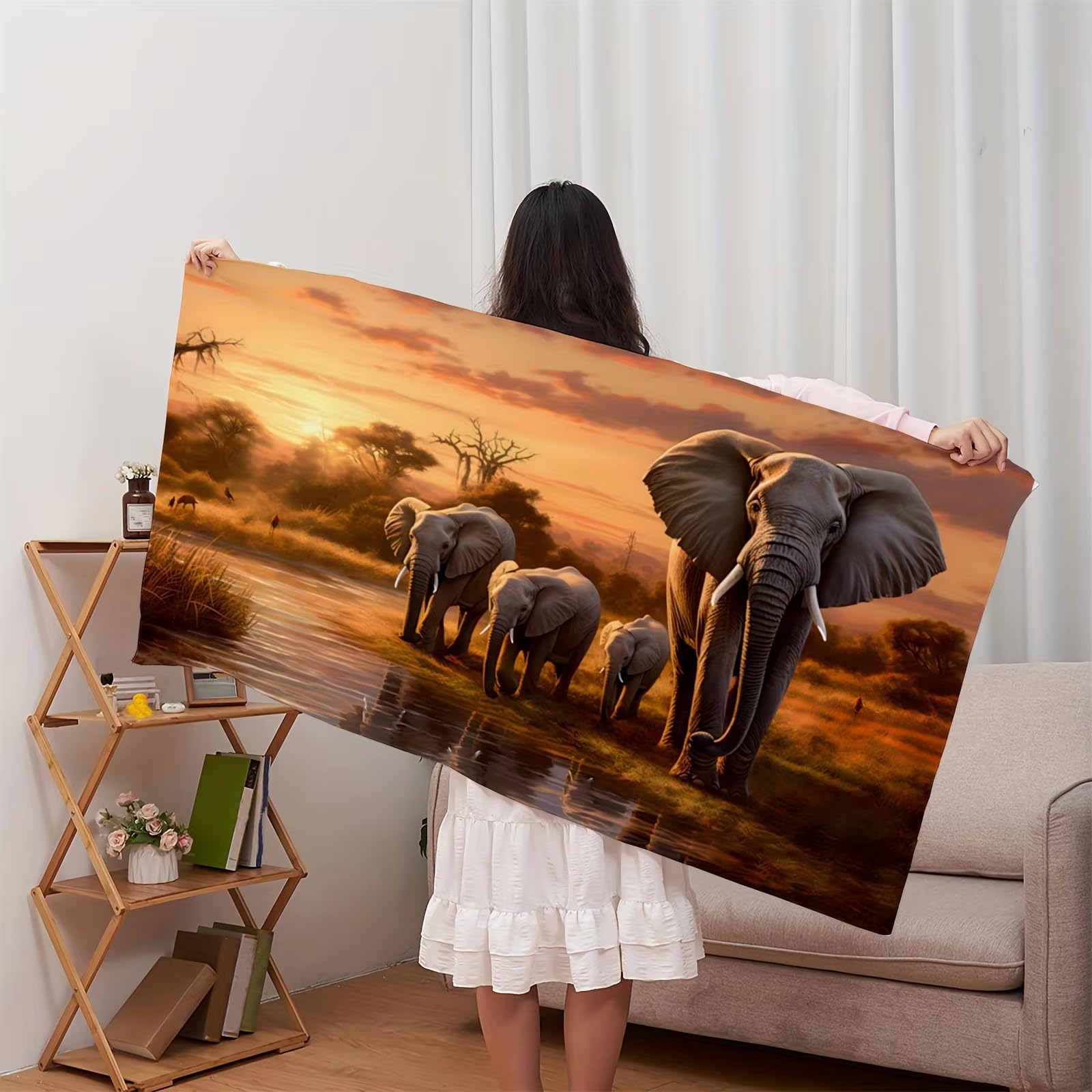 Ręcznik kąpielowy z nadrukiem słoni o zachodzie słońca - ultramiękki, oddychający, wygodny design, na letnie wibracje i dni na plaży (200 x 220 cm/79 x 87)