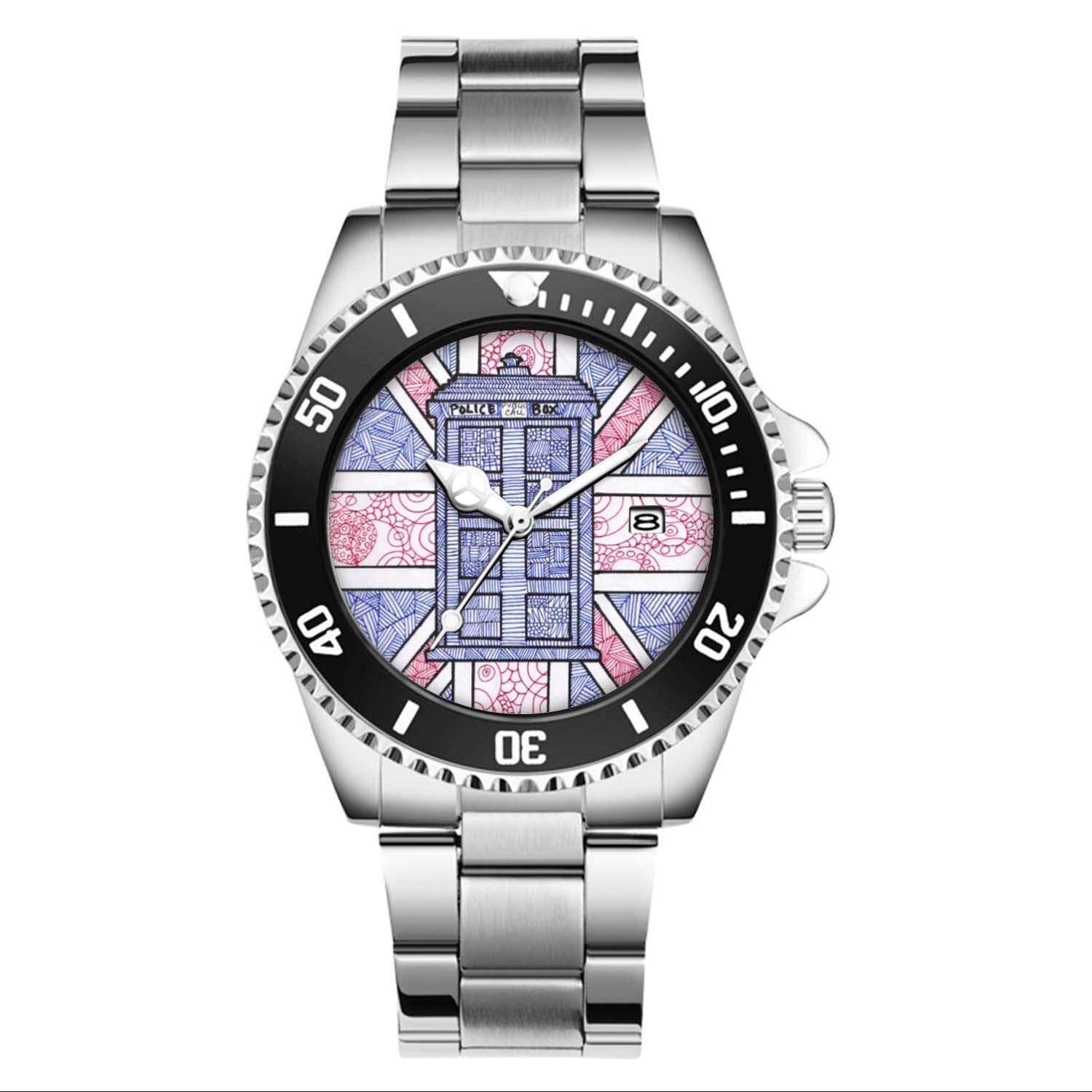 Mens for Police fans Luxury Watches Rotatable Bezel Quartz Silver Tone Stainless Steel Watch British Police Box and Union Jack Flag Illustrated Wrist Watch (Black)