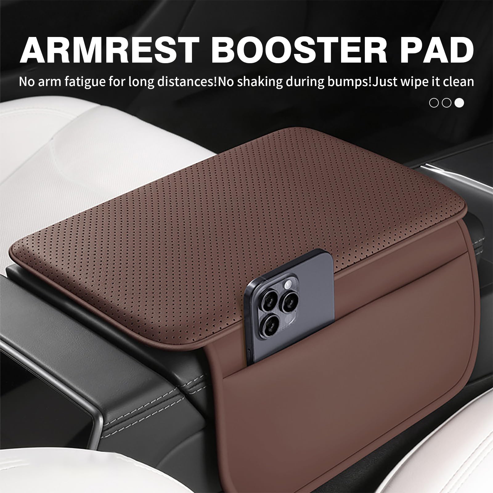 Photo 1 of XHW Car Armrest Cover Pad - Nappa Leather Car Center Console Cover with Breathable Holes, Non-Slip Auto Arm Rest Cushion, Universal Car Interior Accessories Fit forTesla Model Y (Dark Brown)