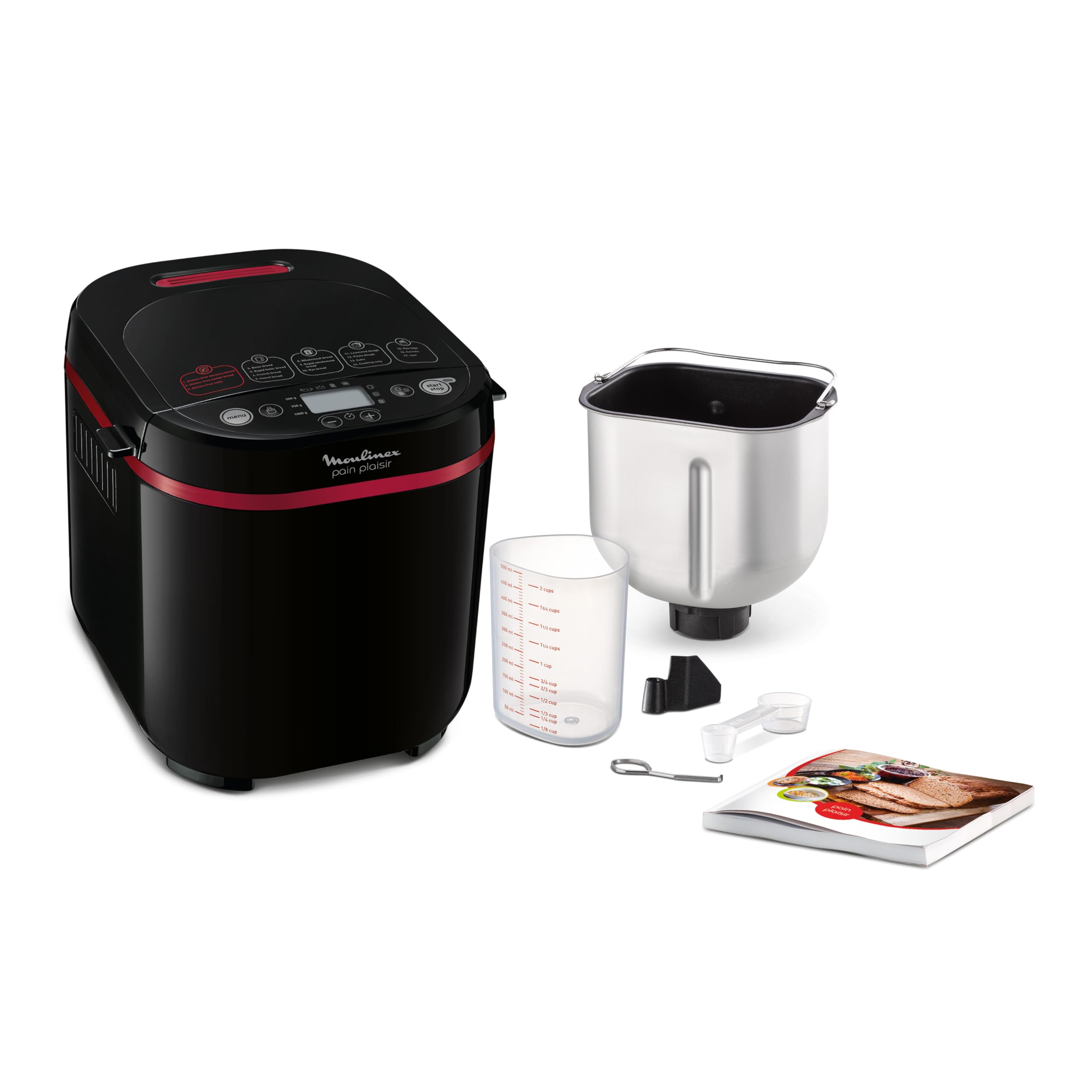 Moulinex Pain Plaisir Machine à pain, 1 Kg, 720W, 17 programmes, Programme sans gluten, Pain maison, Pizza, Départ différé 15 heures, 3 niveaux de dorage, OW220830 Noir