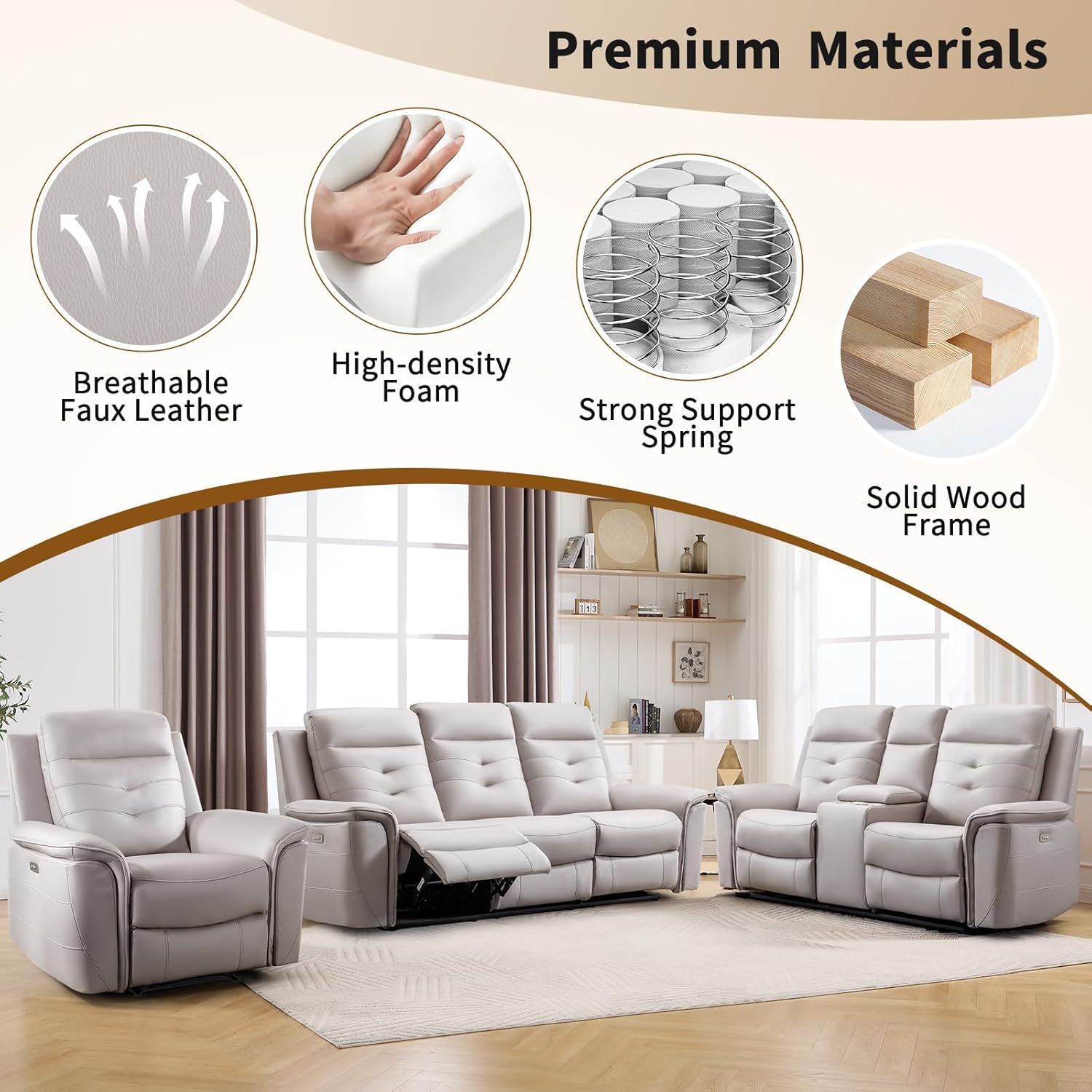 ANJ Oversized Power Reclining Loveseat Sofa Set of 2 with USB Charging Port, Breathable Faux Leather 2-Seater Electric Recliner Couch with Cup Holders & Storage Console for Living Room, Beige