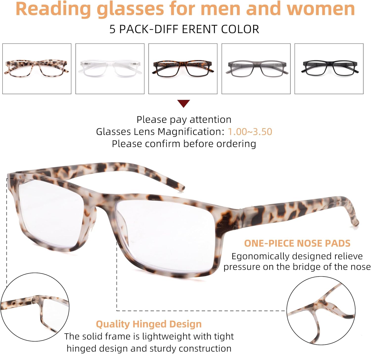 HIYANJN Blue Light Reading Glasses for Men Women Spring Hinge 5 Pack Computer Readers Rectangular Frame Eyeglasses - Image 4