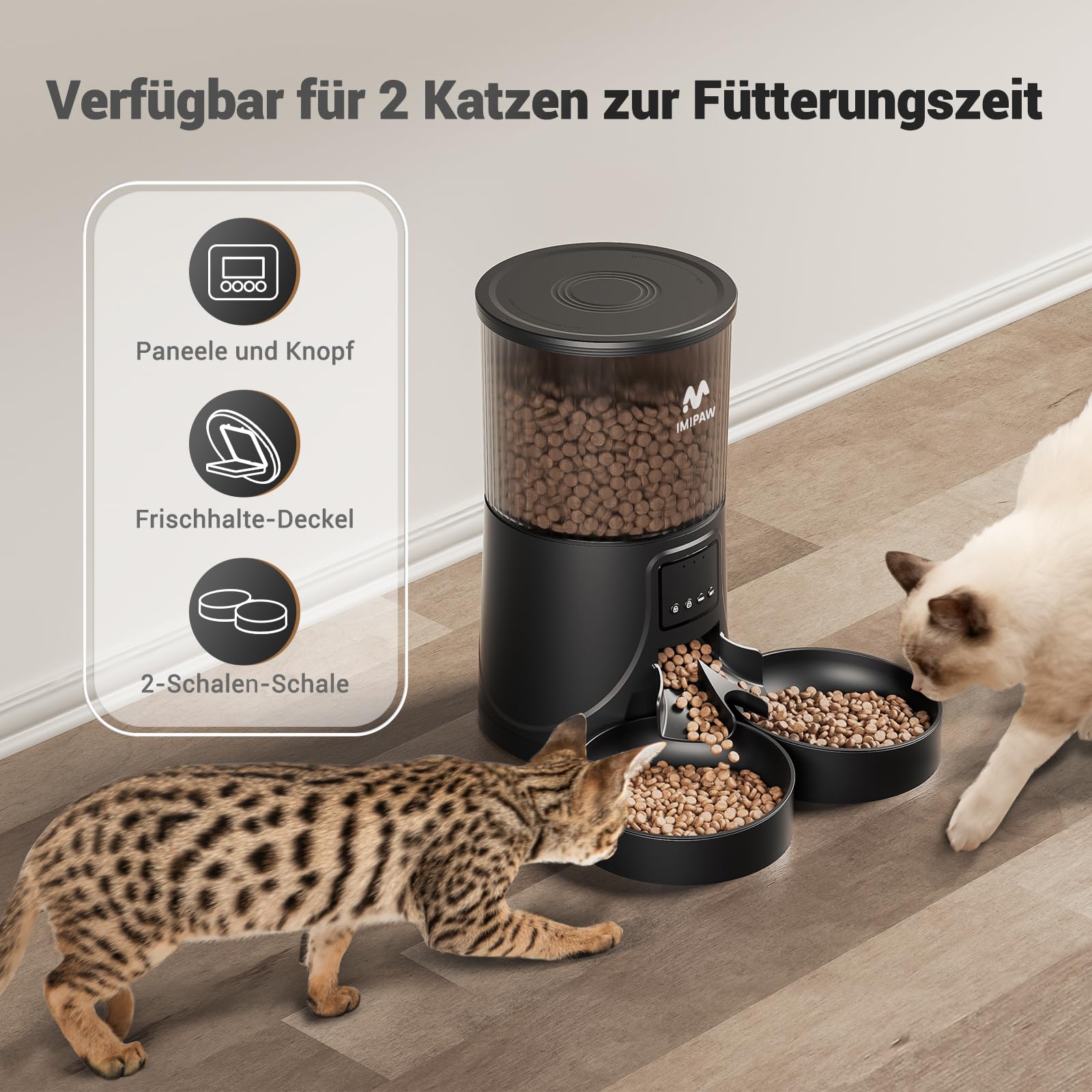 IMIPAW Distributore Automatico Cibo Gatti con 2 Ciotole, 4L Dispenser Cibo Cani, Controllato da APP, 2.4G WiFi Alimentazione a Distanza, 10 Pasti al Giorno, per Animali Di Piccola e Media Taglia