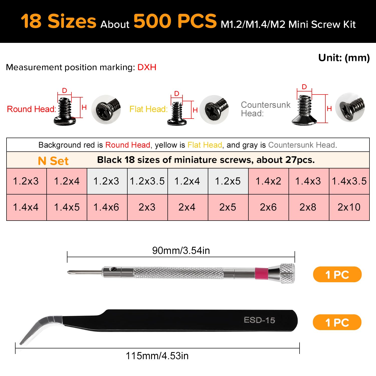 Lyeteung 500 PCS 18 Sizes M1.2/M1.4/M2 Tiny Micro Repair Screw Kit, Tiny Micro Screws Set, Electronic Repair Micro Screws - Image 2
