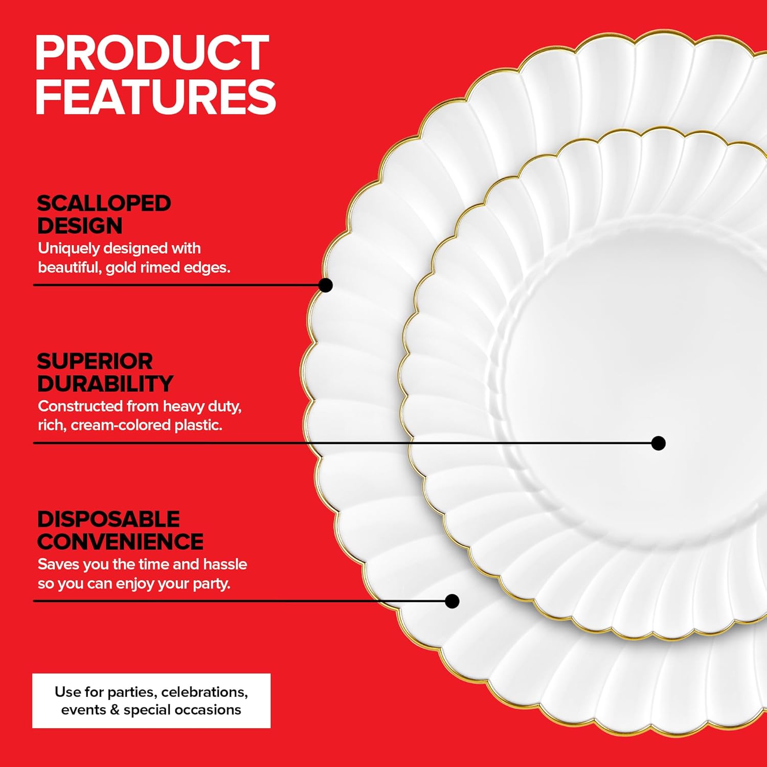 Stock Your Home 100 Pack – Elegant Ivory & Gold Scalloped Plastic Plates – Heavy-Duty Disposable Cream Plates with Gold Rim for Thanksgiving, Holidays, Dinners & Parties - Image 3