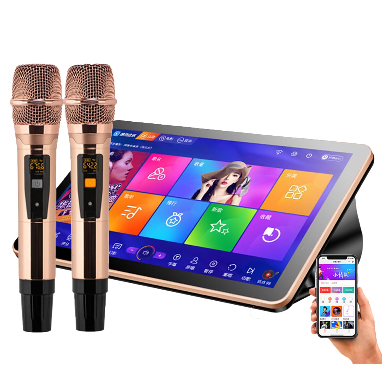 Odtwarzacz karaoke z ekranem dotykowym 4K, podwójny system, mikrofon pogłosu do karaoke, filmów, gier, YouTube, obsługa aplikacji, asystent głosowy