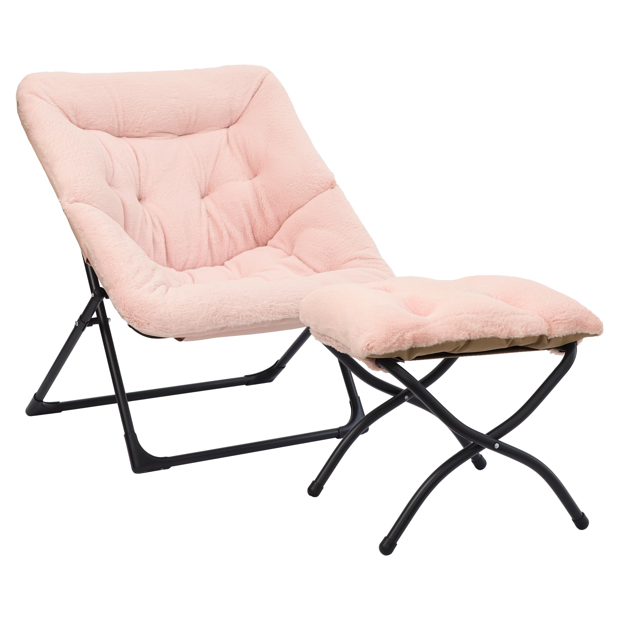 Comfy Saucer Chair for Adults, Soft Faux Fur Bedroom Chair with Ottoman, Accent Dorm Chairs, Living Room Reading Chairs and Footstool, Folding Lounge Seat for Teens, X-Large, Light Pink