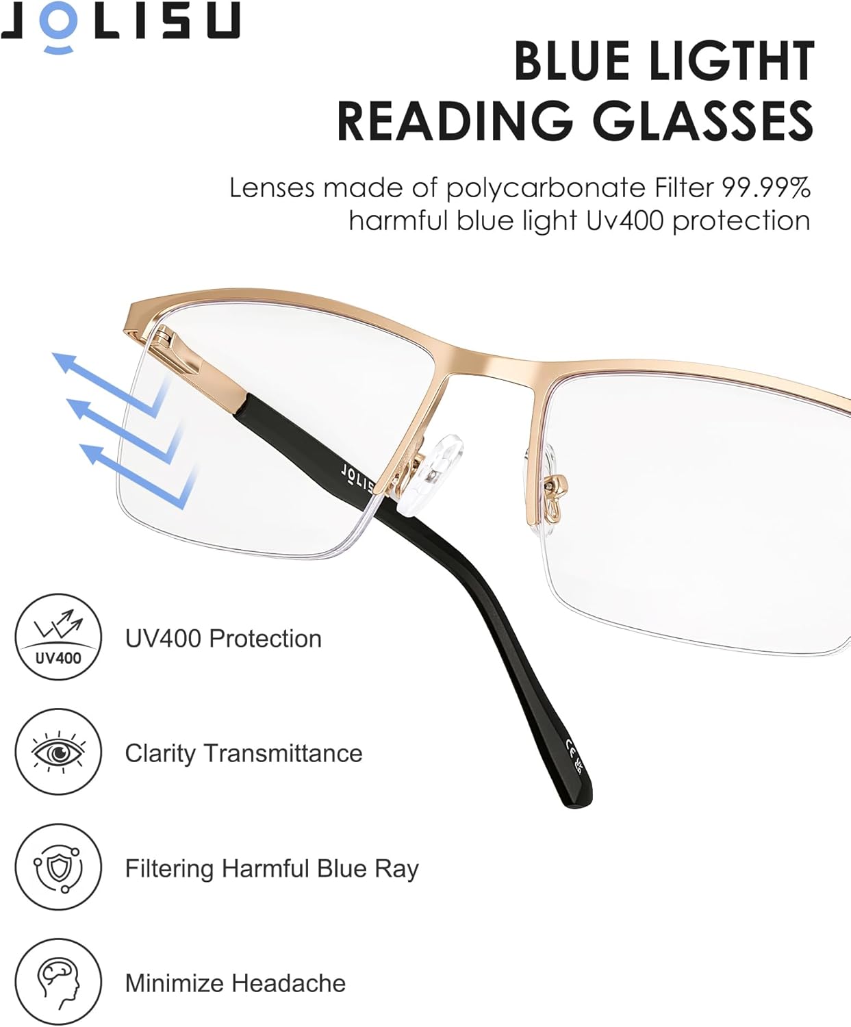 JOLISU 5 Pack Reading Glasses for Men, Blue Light Blocking Computer Metal Readers, Lightweight Half Frame with Spring Hinge