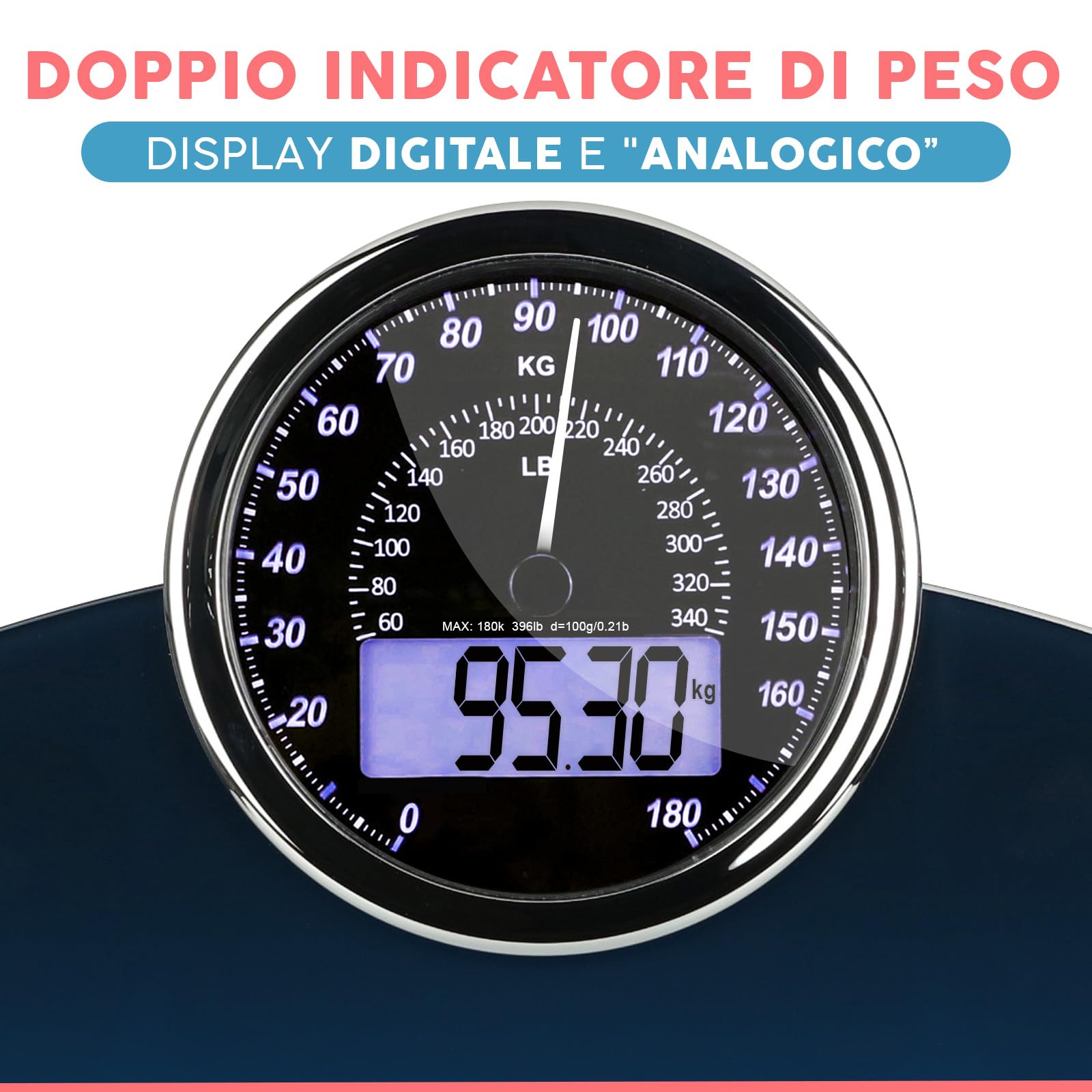 Adamson Hybrid Bilancia Pesapersone Digitale - 2-in-1 Analogica & Digitale fino a 180 kg, Display LCD Retroilluminato, Piattaforma in Vetro Temperato, 3 Batterie AAA Incluse
