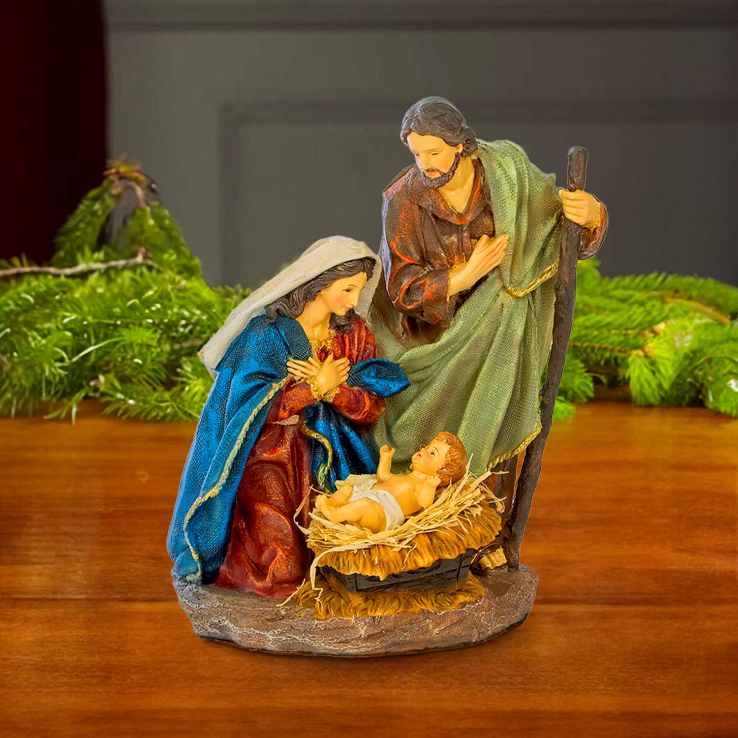 Avilia Figurines Nativité en résine résistante 24,5 x 29,5 cm – Personnages de crèche artisanaux avec Sainte Famille idéale pour décorer Votre crèche ou cabane de Noël – Également idéal comme idée
