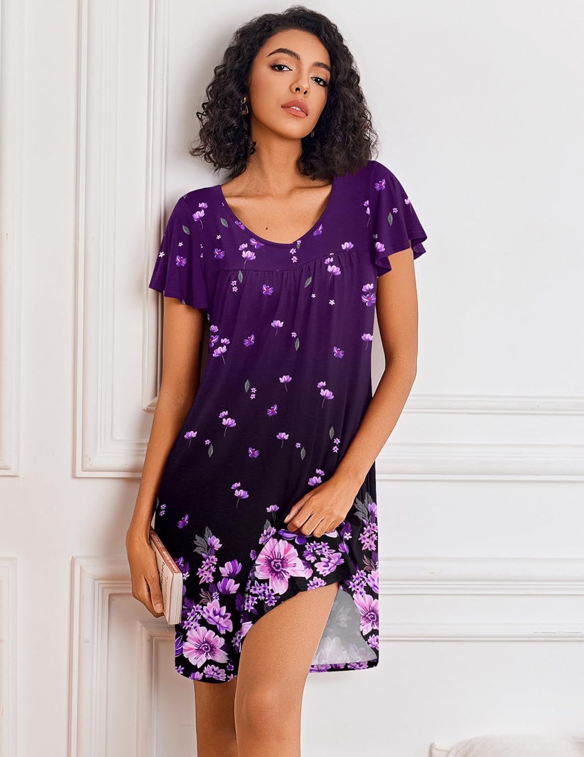 Ekouaer Nightgowns for Women Short Sleeve Sleep Shirts Pleated Night Dress V Neck Night Shirts Soft House Dress - Image 2