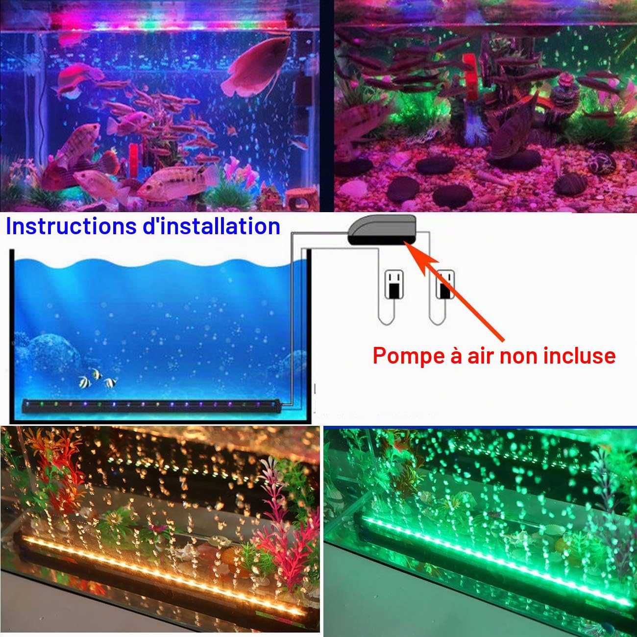 Tube LED RVB à bulles d'air pour aquarium, 16 couleurs, 4 modes, télécommande IP68 submersible (18 cm)