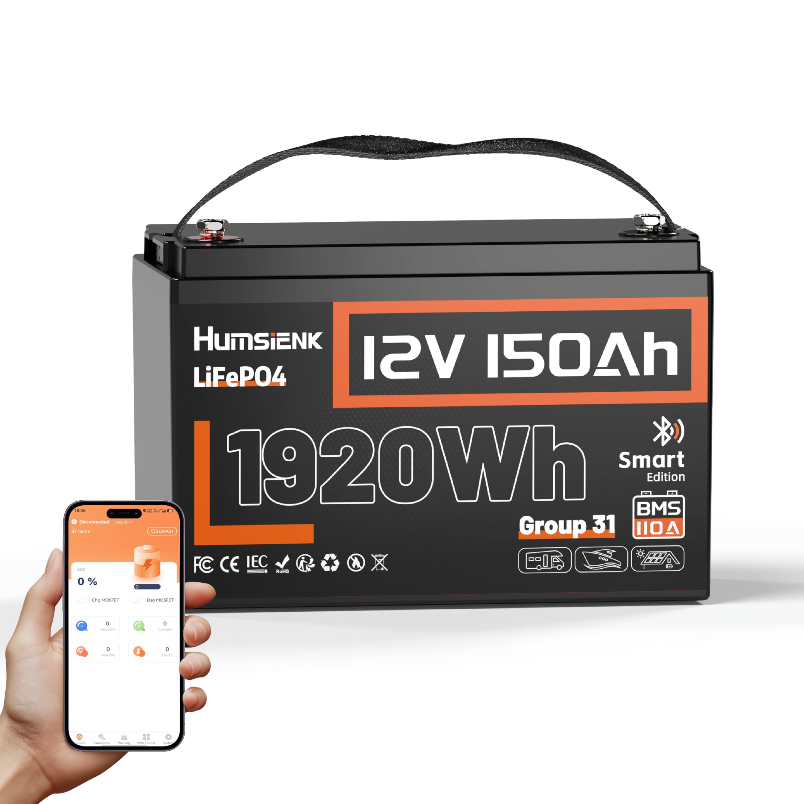 Humsienk 12V 150Ah LiFePO4 Batterie mit Bluetooth, 110A BMS 1920Wh Tiefzyklus Lithium Batterie, Niedrigtemperaturschutz, Perfekt für Wohnmobile, Trolling-Motoren, Yachten, Boot
