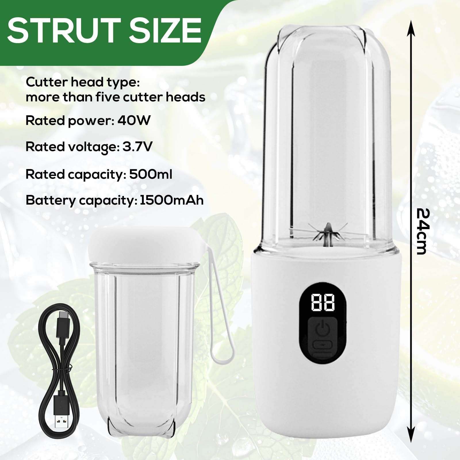 BORDEAG Tragbarer Mixer, 500ml Mini Standmixer, Aufladung Smoothie Maker To Go mit Reise-Deckel, 6 Rostfreie Klingen für Küche, Reise, Büro, Fitness