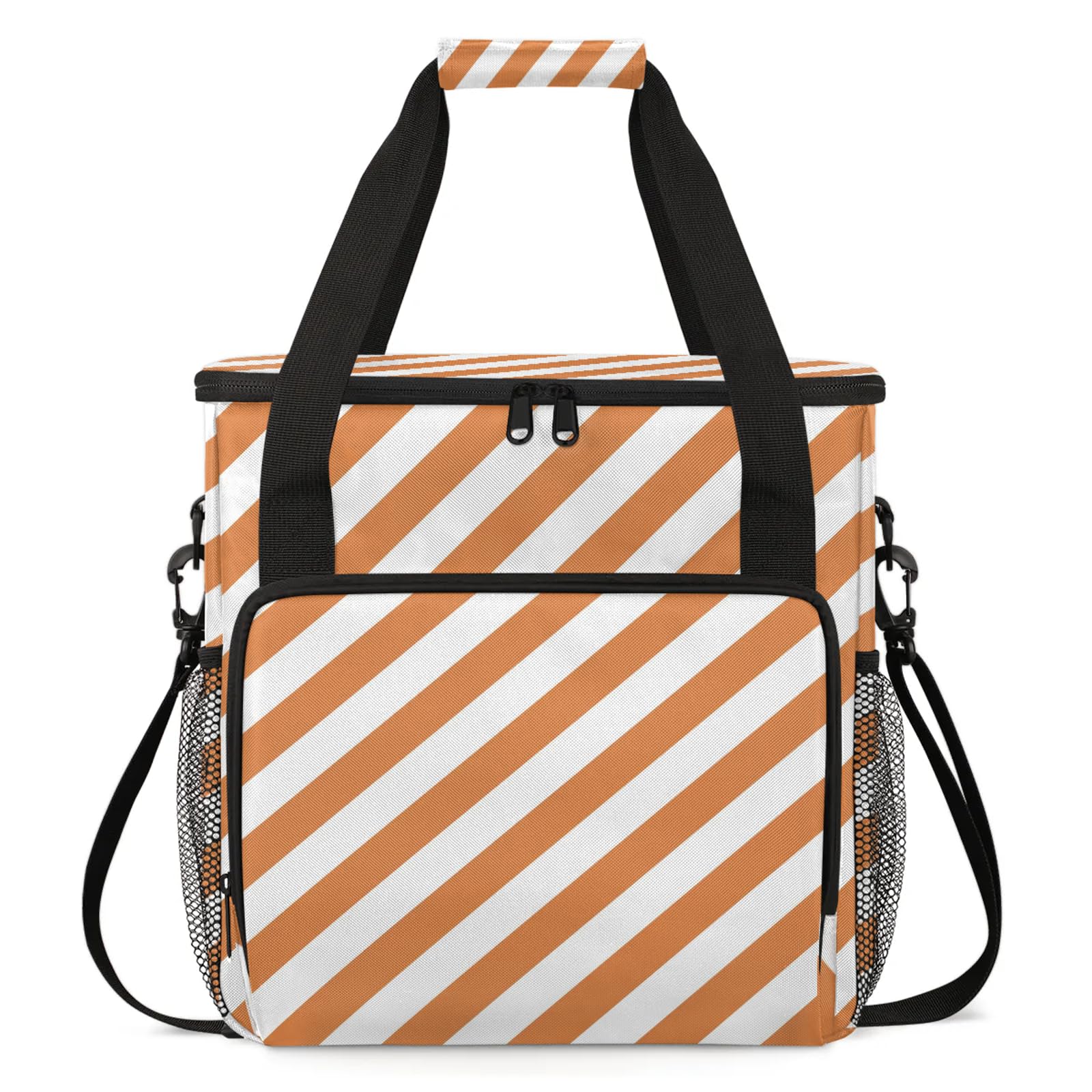 Adornori Stripe Orange Travel Coffee Maker Carrying Bag, Large Organizer Storage Tote Bag Insulated Reusable Cooler Grocery Bags