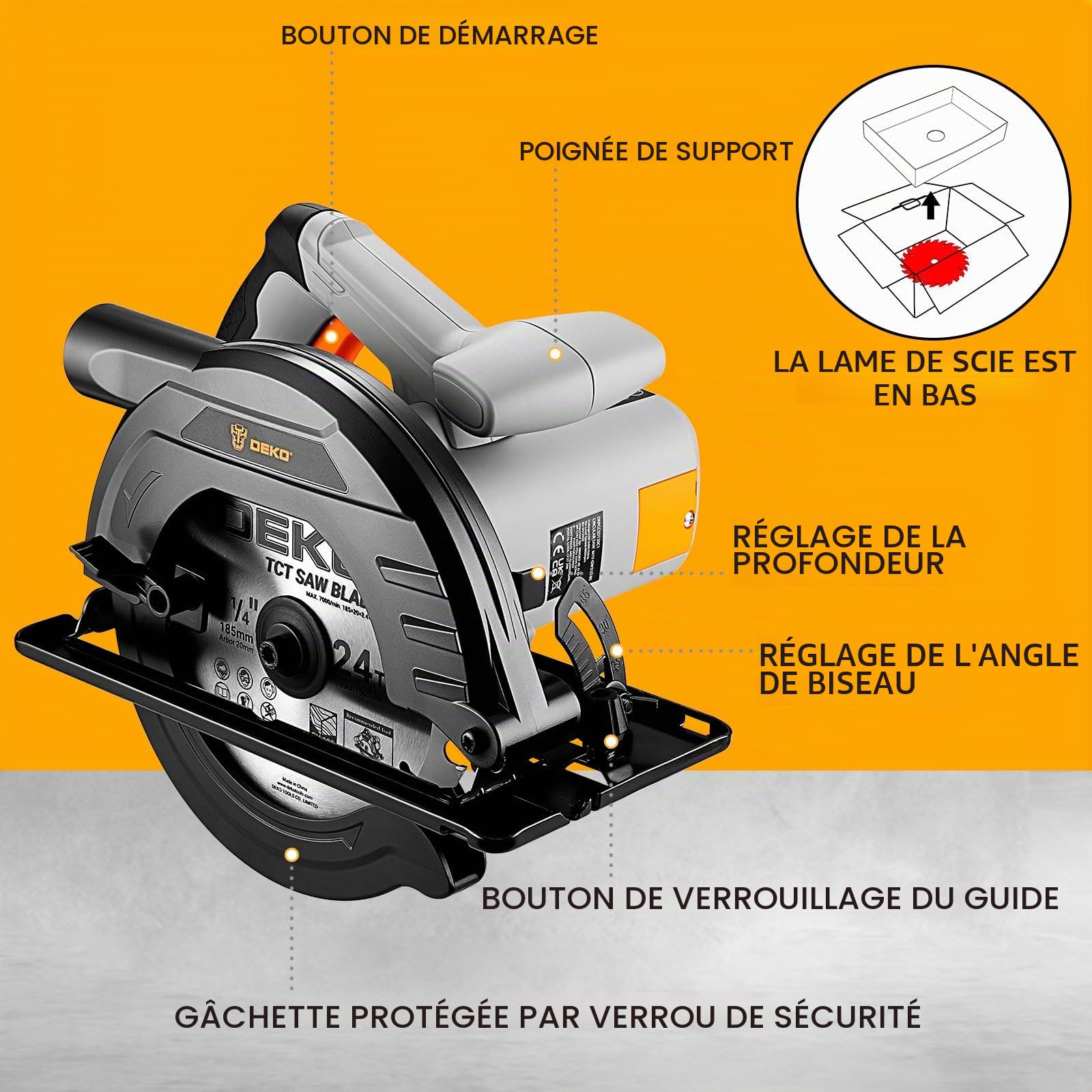 Scie Circulaire 1200W: DEKOPRO Scies Circulaires Électriques Haute Performance avec Lame 185 mm, Coupe de précision 65 mm (90°) et 43 mm (45°), 4800 RPM, avec Rail de Guidage, Parfaite pour Bois, PVC