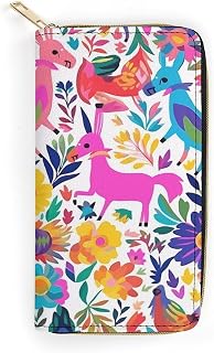 Leather Clutch Wallet with Zip, Hand Strap Mexican Otomi Animals Wallet Purses And Handbags for Women, Large Capacity