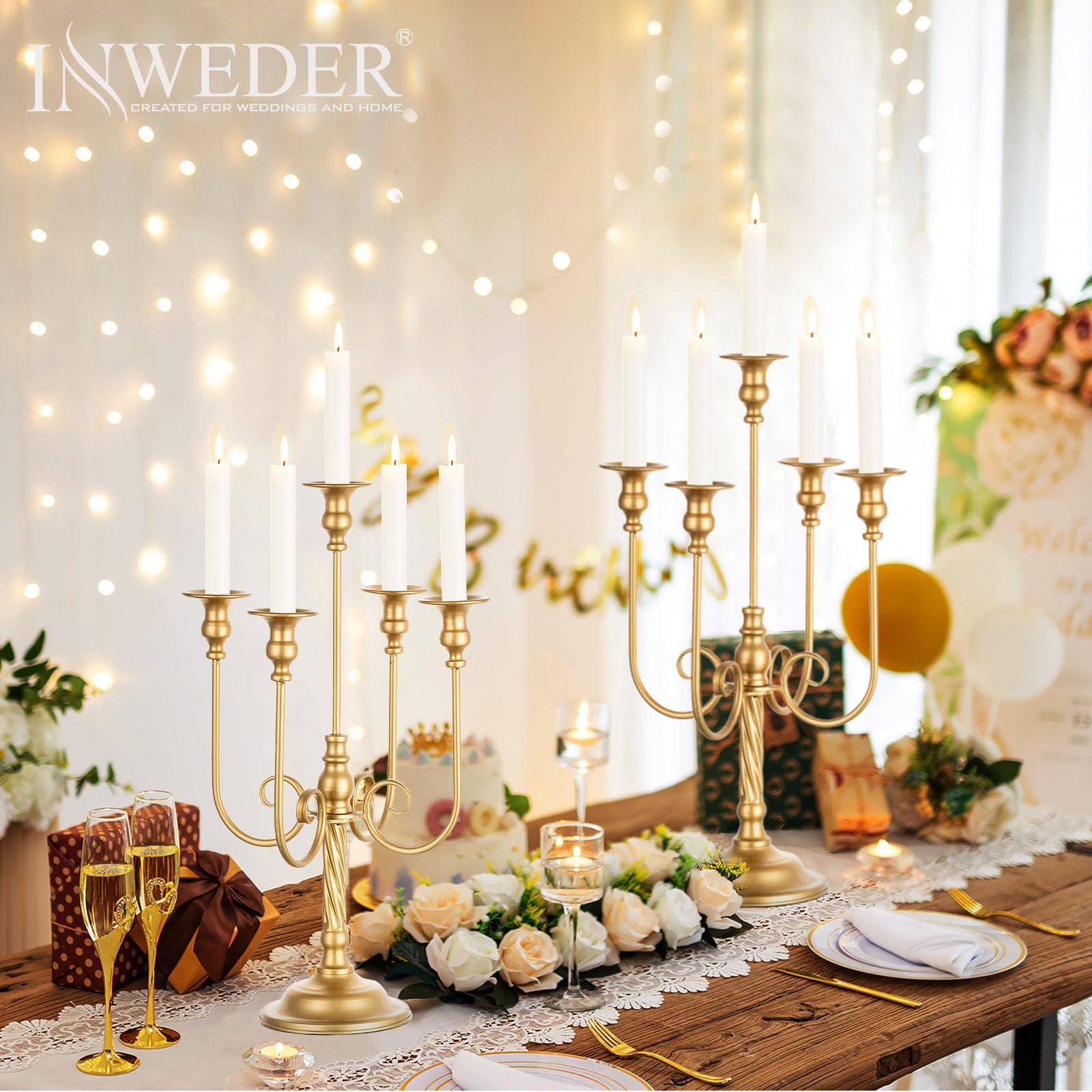 2 Candelabri Da Pavimento Dorati A 5 Bracci, Alti 100 Cm, Con Paralumi In Acrilico – Per Matrimoni E Decorazioni