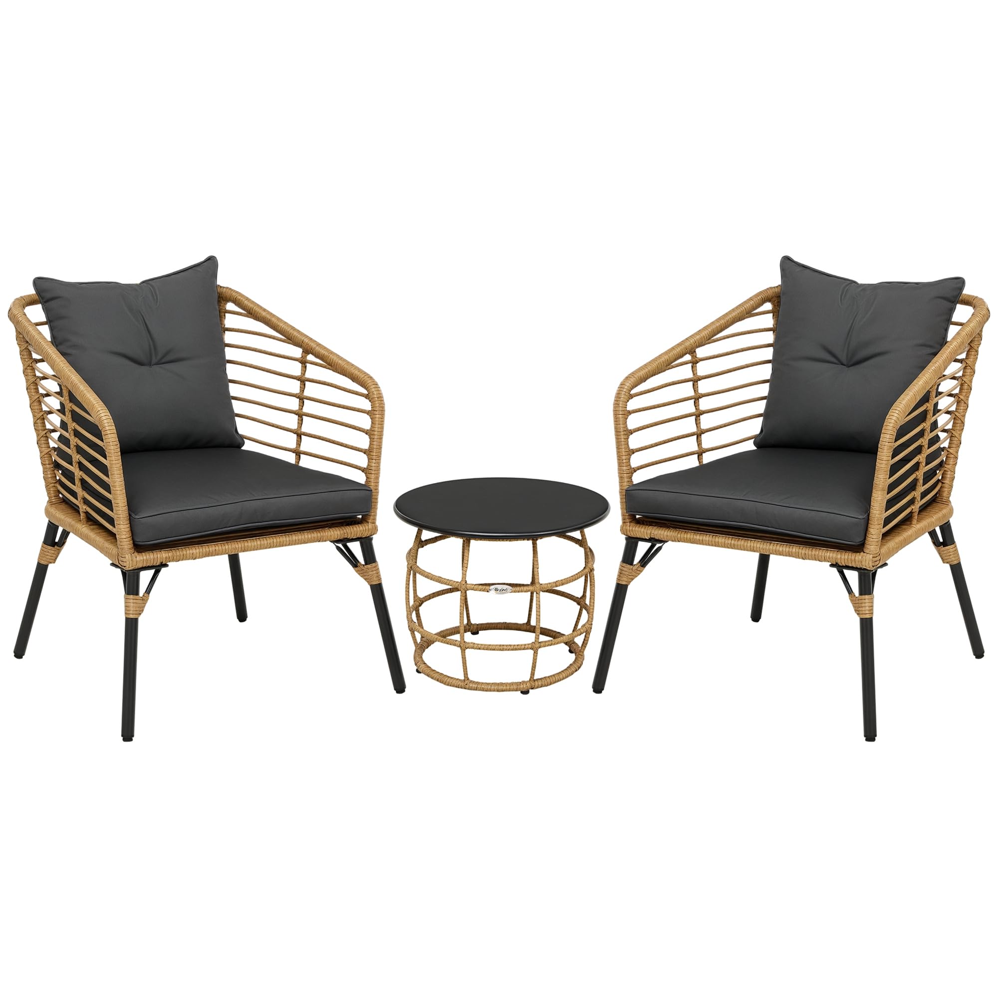 Outsunny Rattan Gartenmöbel-Set, 3-TLG. Sitzgruppe, inkl. Couchtisch und 2 Stühle, Bistro-Set mit Kissen, Balkonmöbel für Terrasse, Balkon, Stahl, Sand+Dunkelgrau